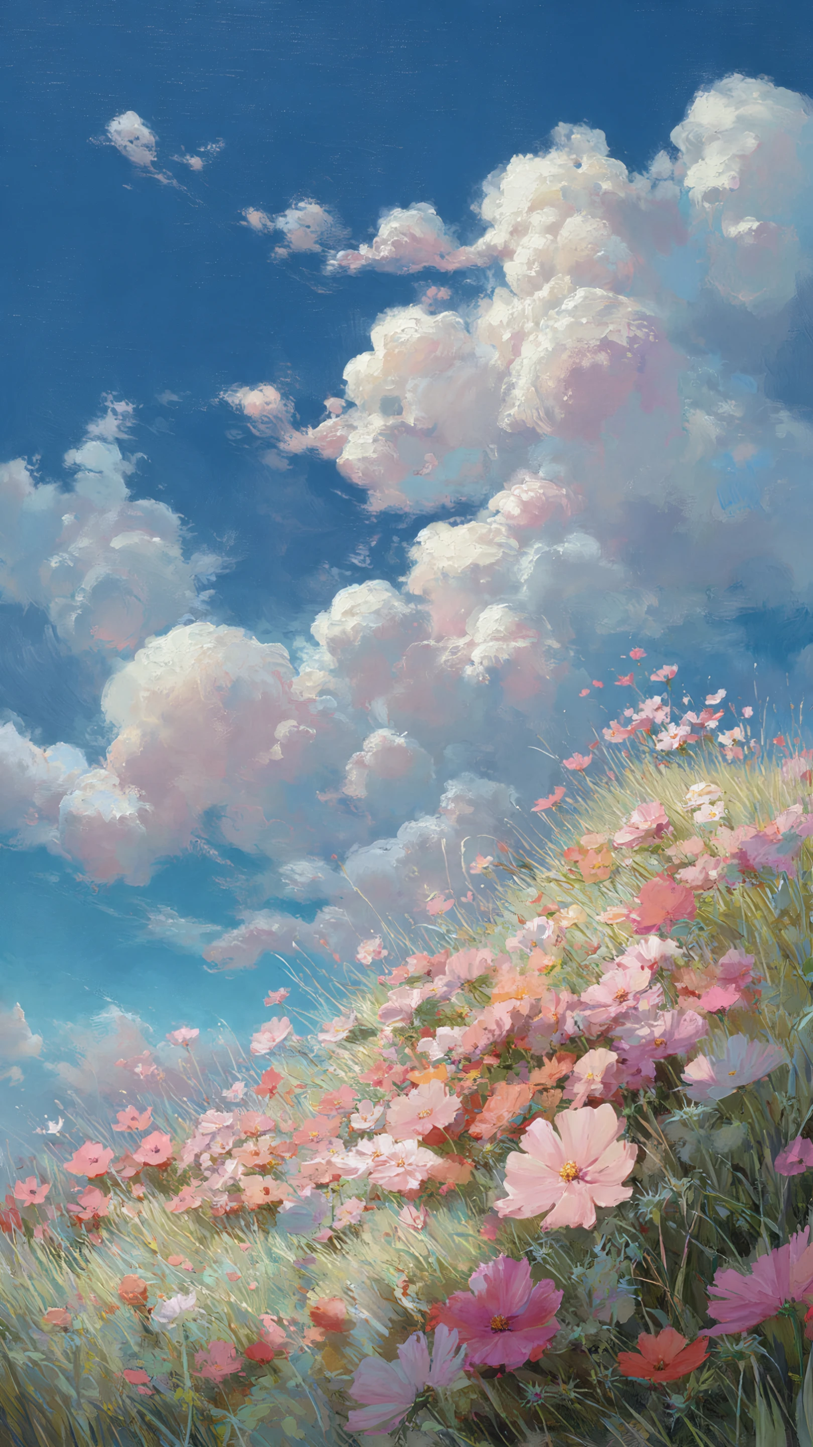 Dreamy Cosmos Field with Pastel Clouds