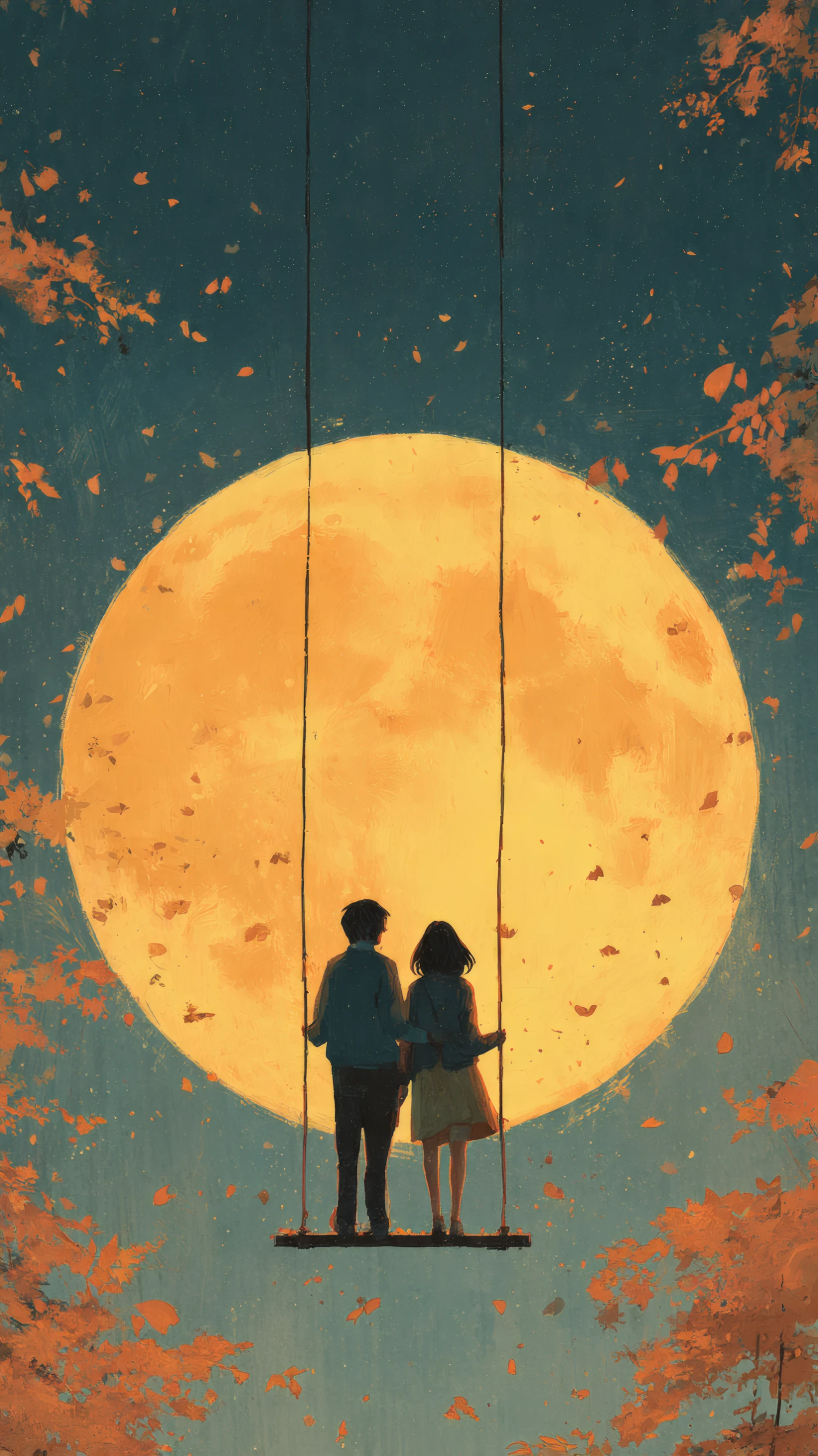 Dreamy Couple on Swing with Moonlit Backdrop 4K Wallpaper