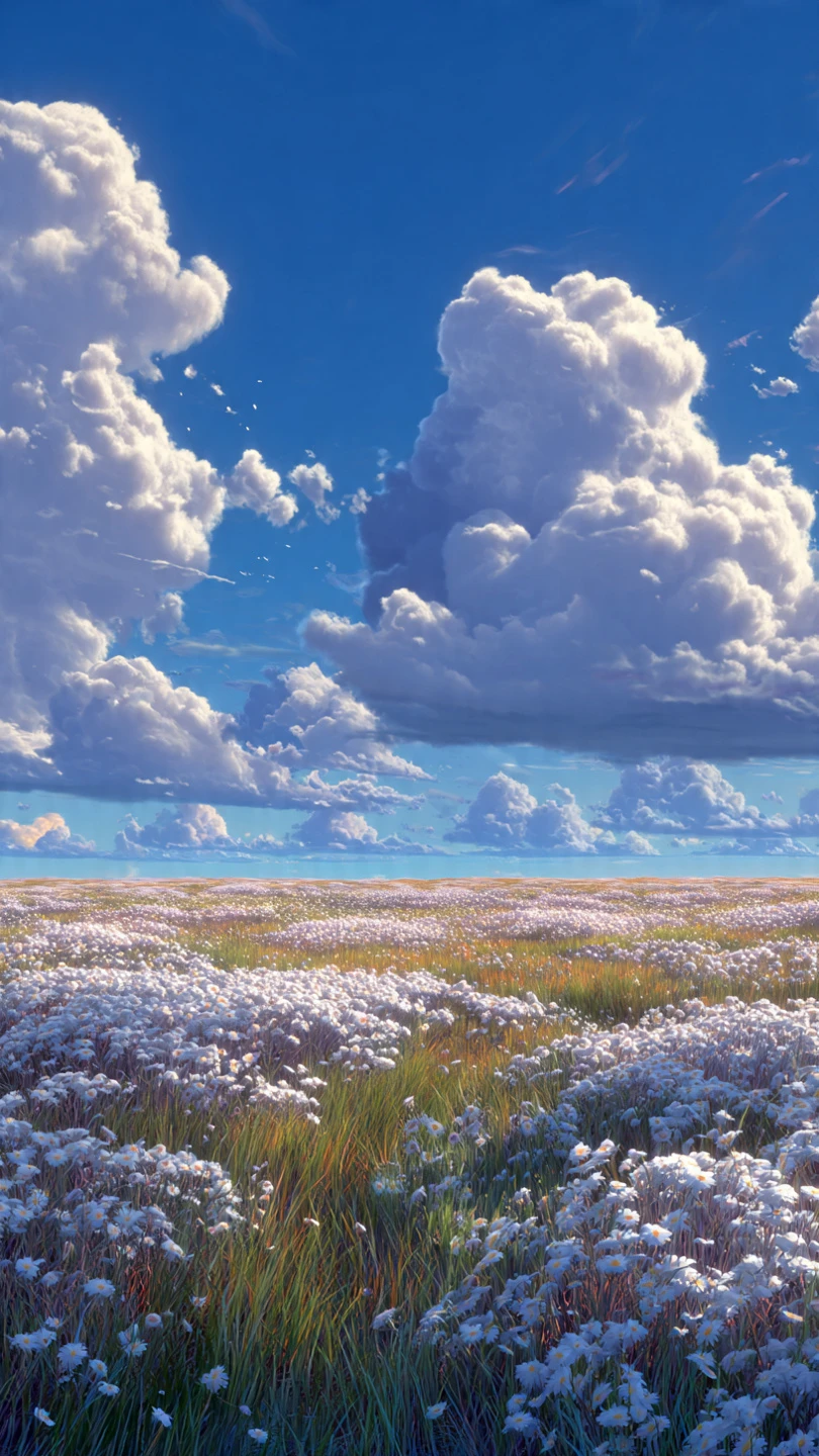 Dreamy Daisy Field with Billowing Clouds
