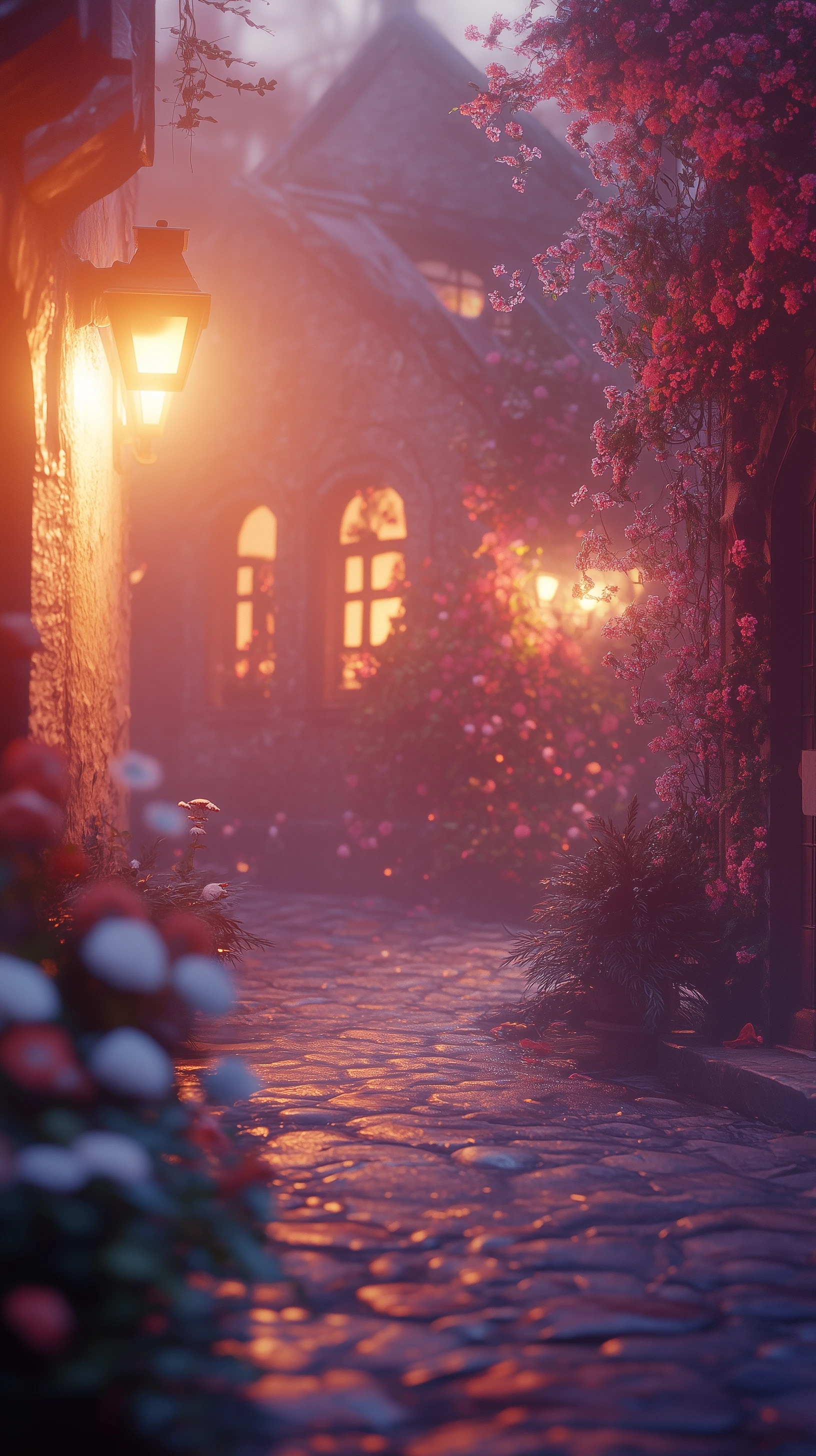 Dreamy Flower-lined Cobblestone Street at Twilight