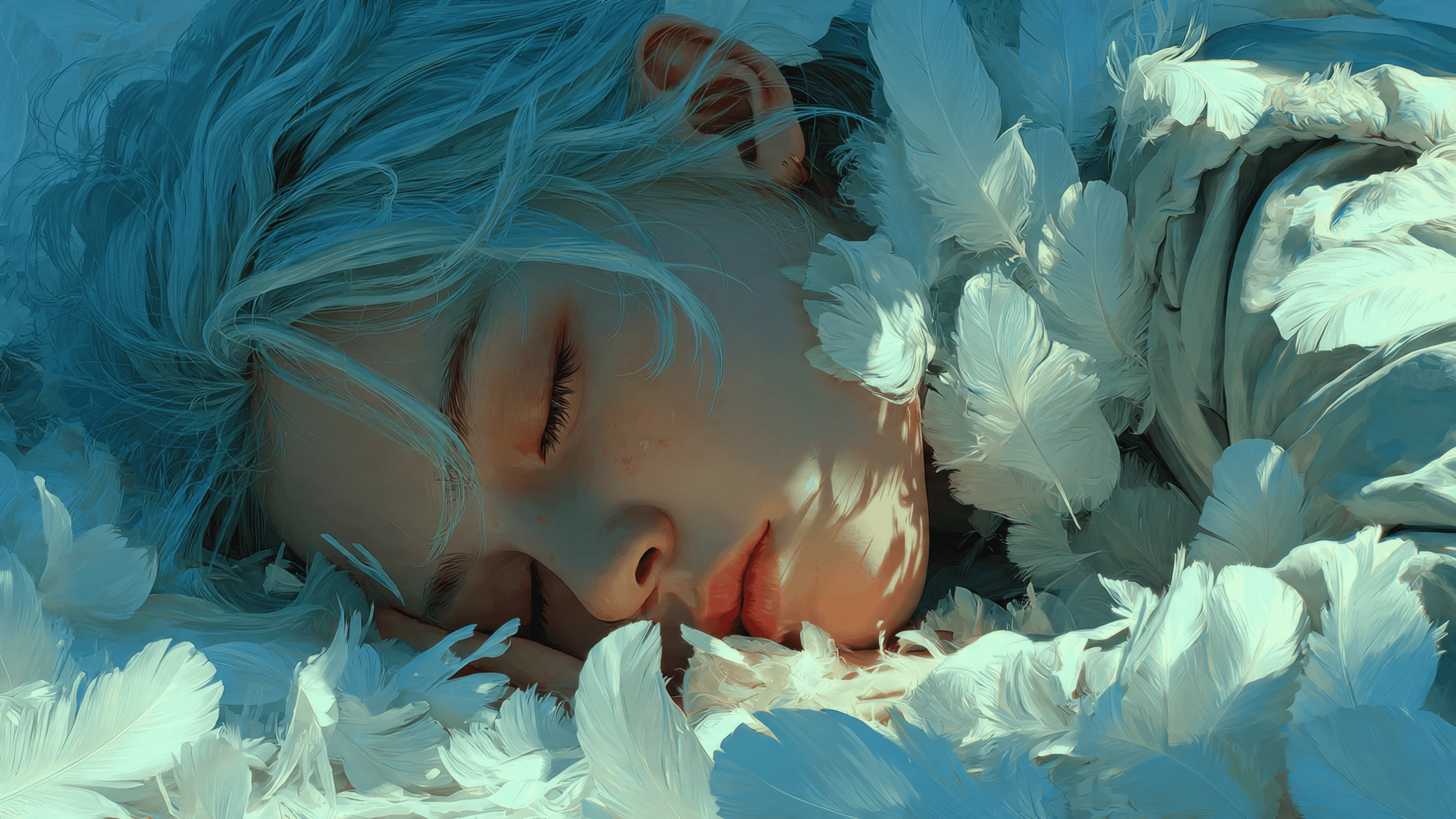 Dreamy Girl Asleep in a Bed of Soft White Feathers