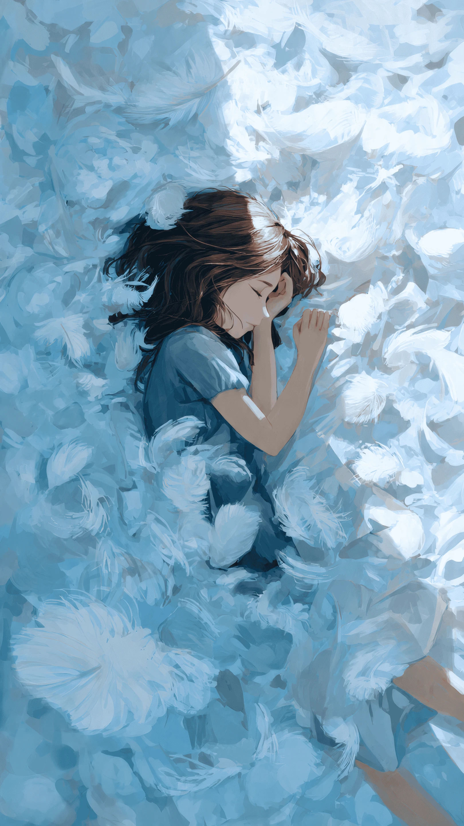 Dreamy Girl Asleep in a Blue Feather Bed Art