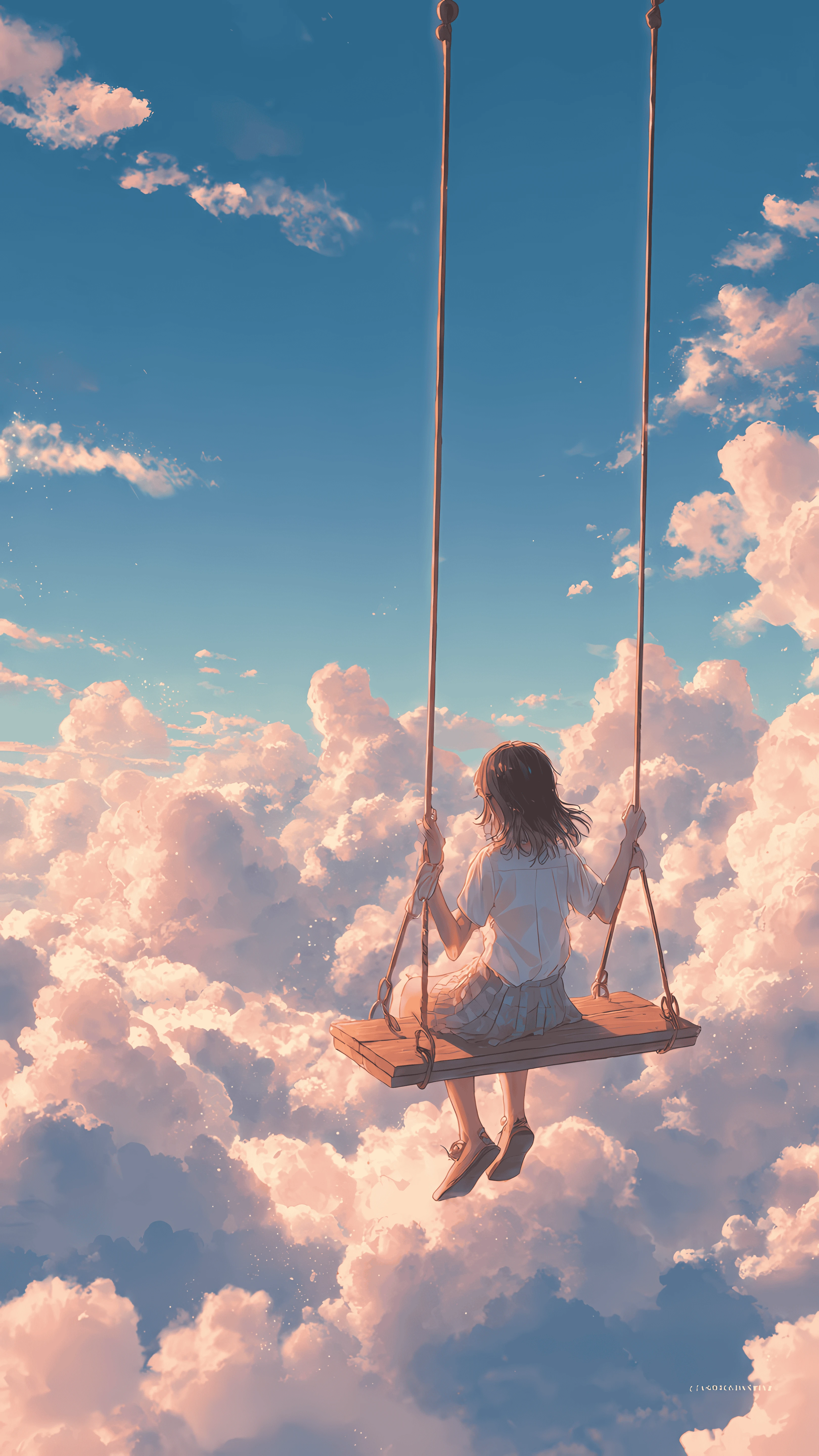 Dreamy Girl on Swing Amidst Cotton Candy Clouds