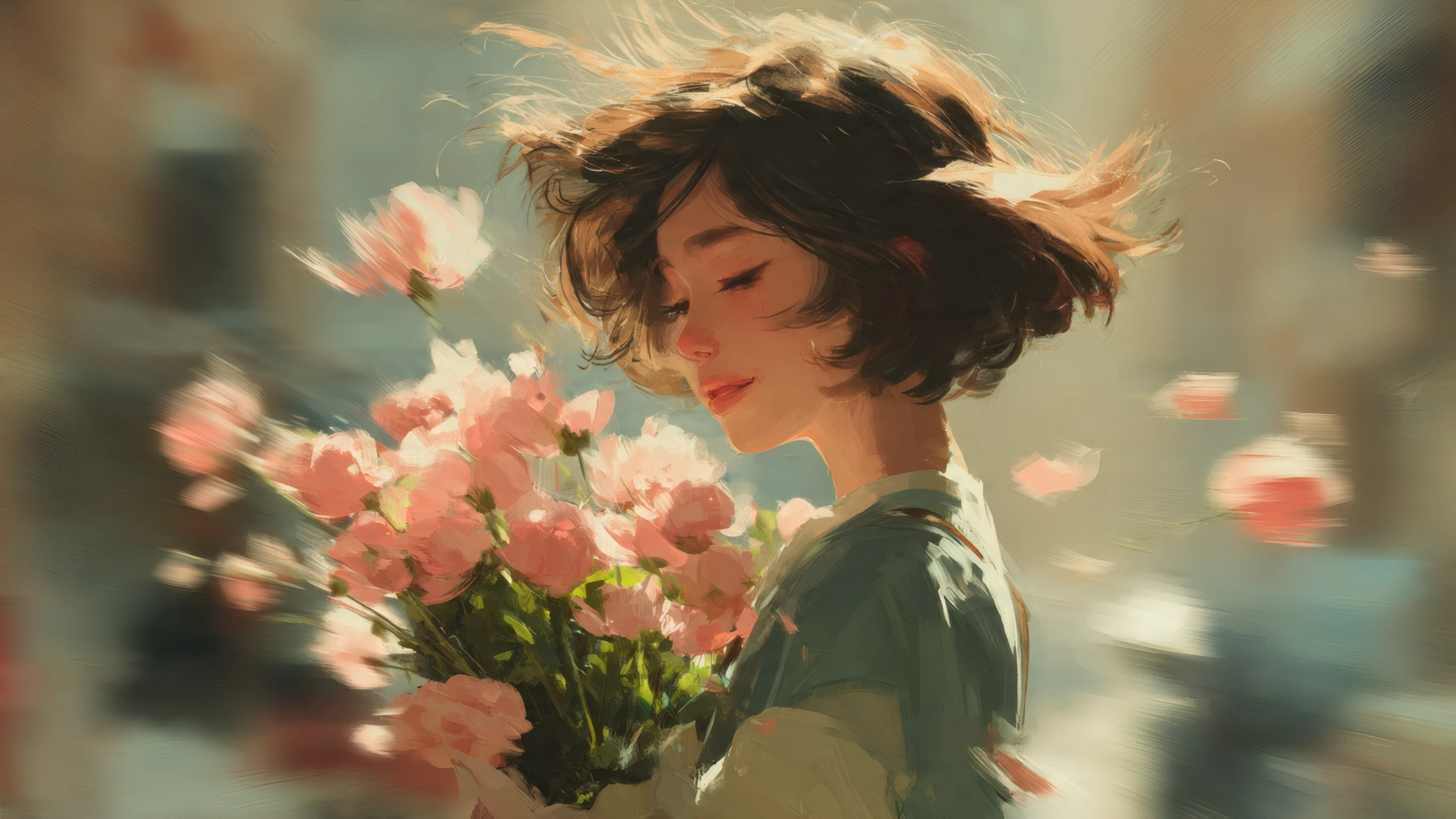 Dreamy Girl with Pink Flowers in Impressionistic Style