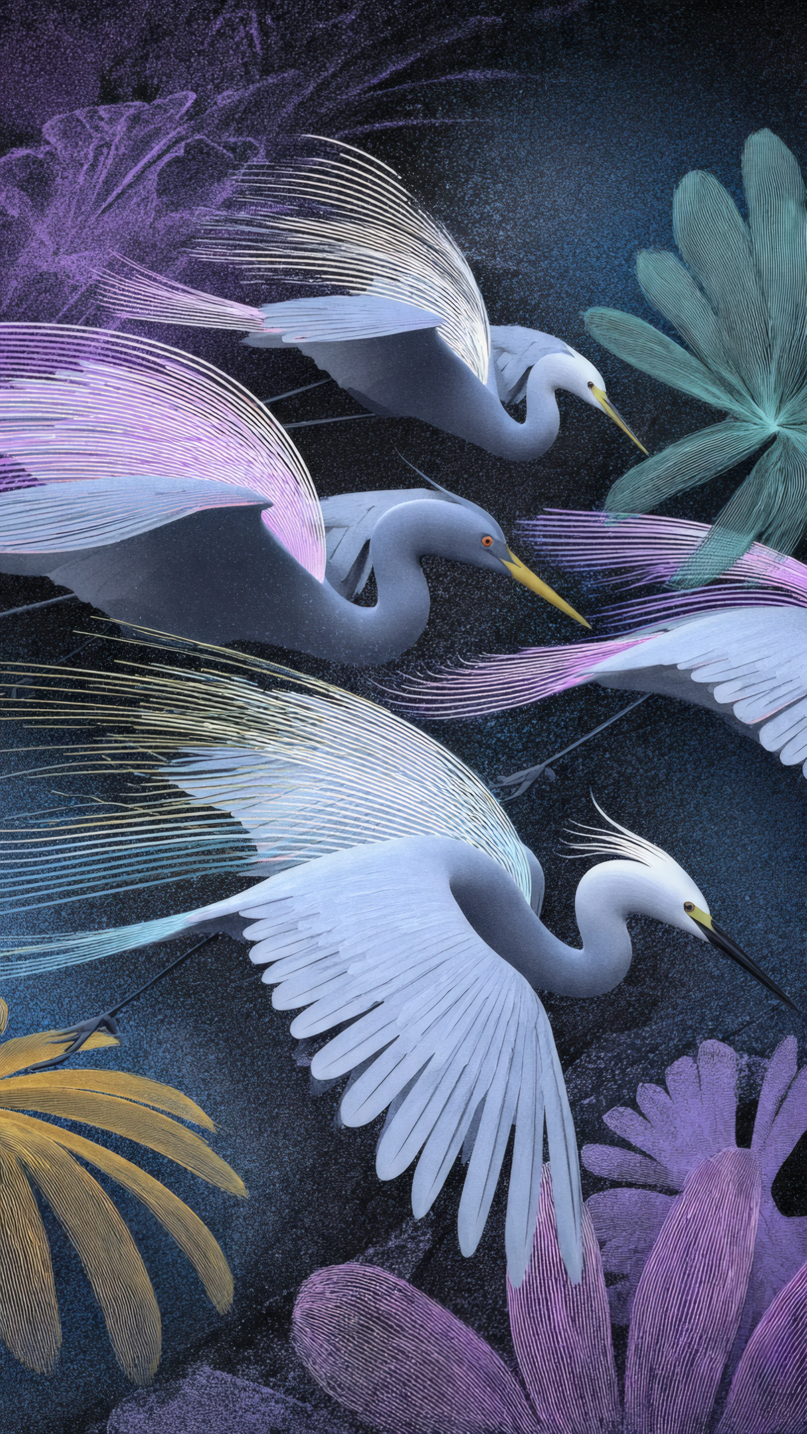 Dreamy Heron Flight with Pastel Floral Accents