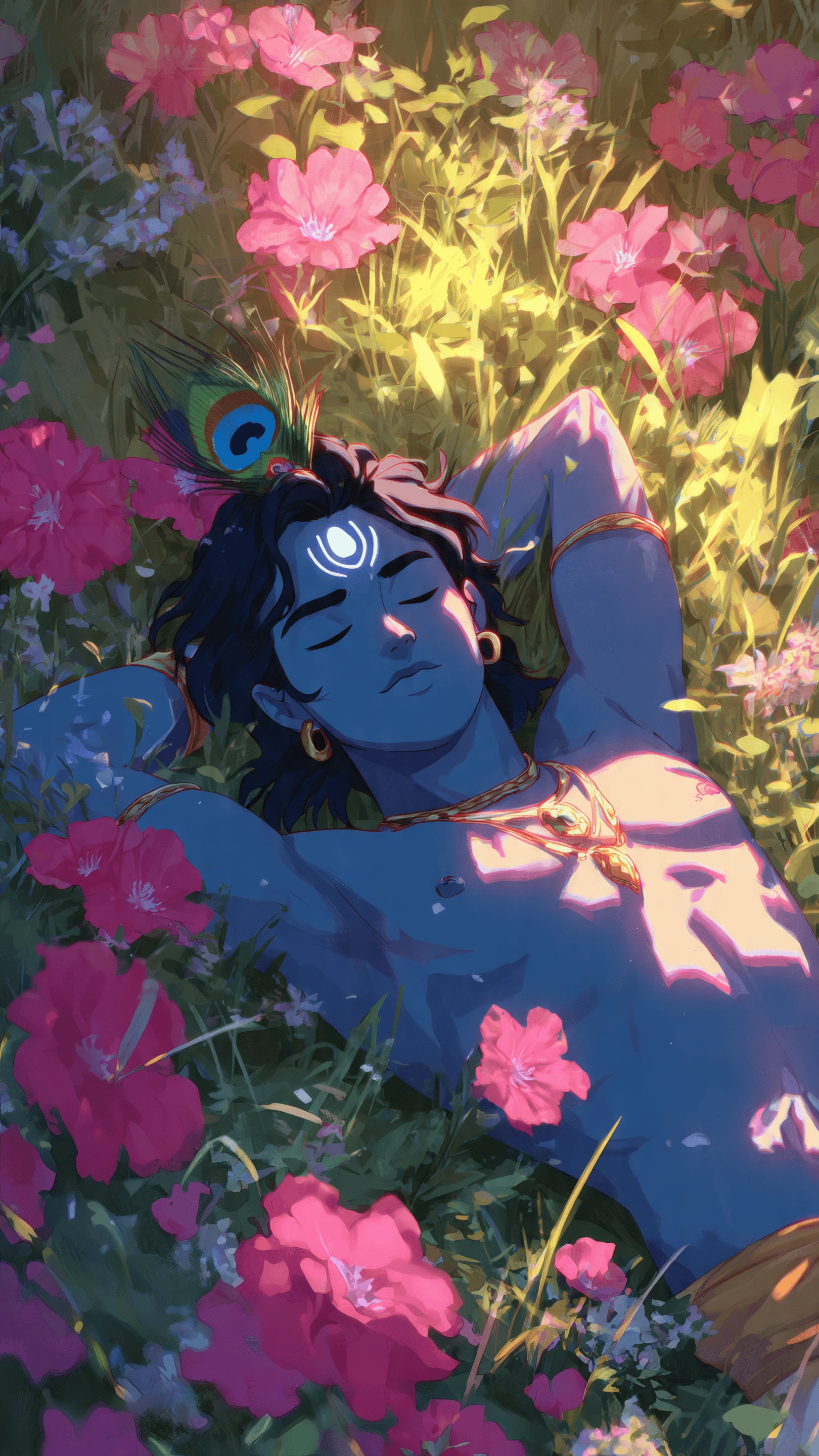Dreamy Hindu God Resting in a Field of Pink Flowers