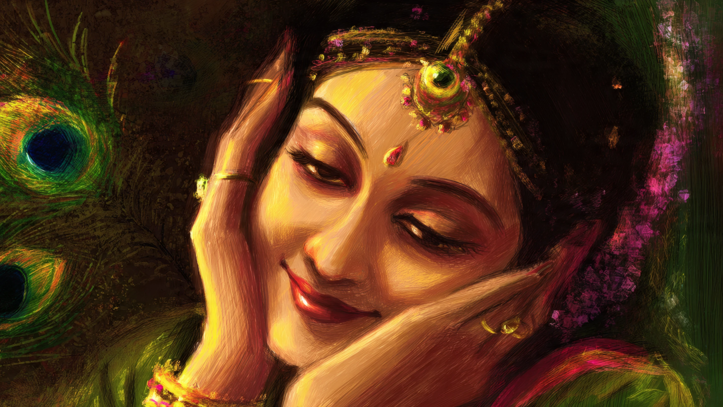 Dreamy Indian Woman with Peacock Feather Art