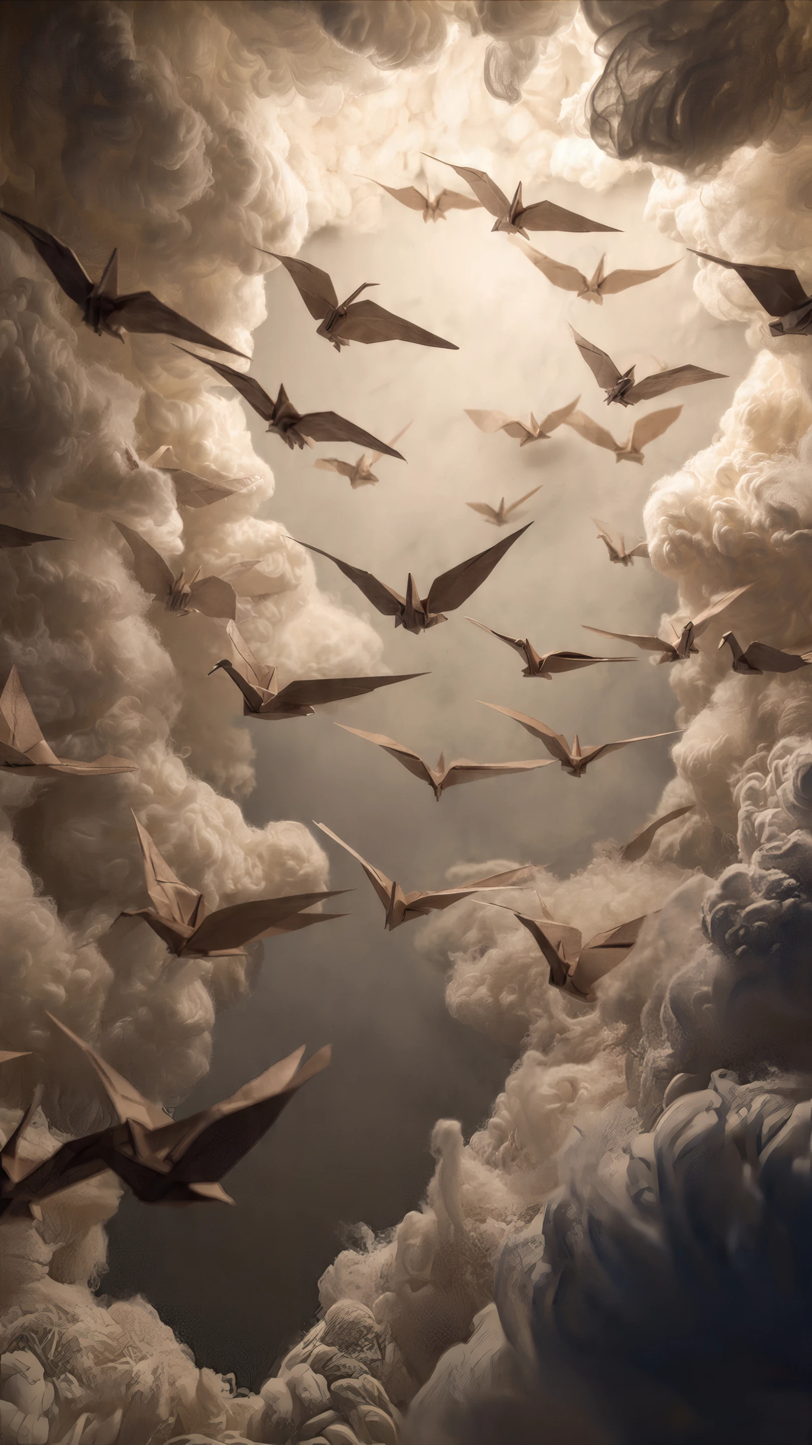 Dreamy Origami Birds Soaring Through Ethereal Clouds