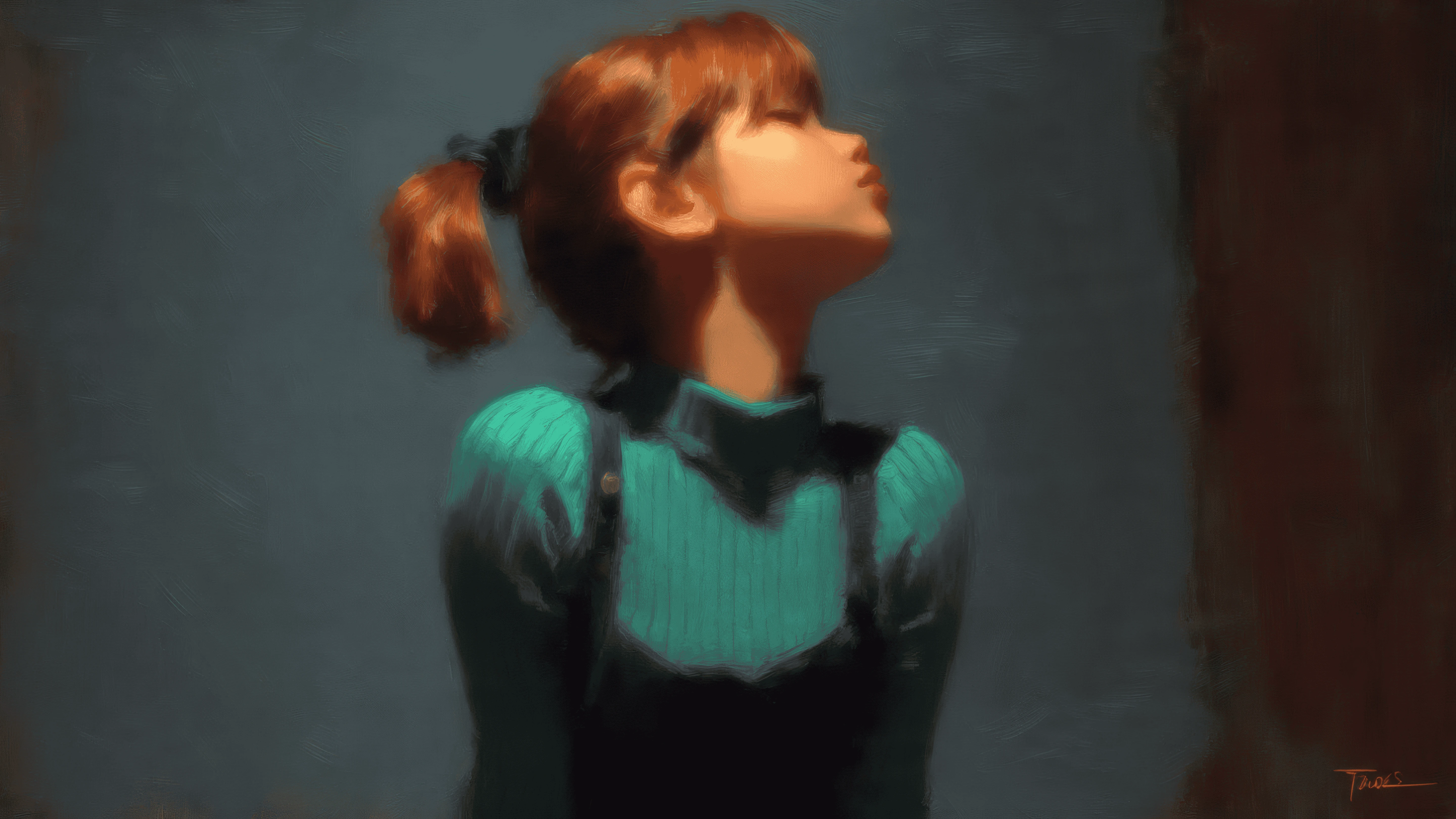 Dreamy Portrait of a Girl with Ponytail in Teal Sweater