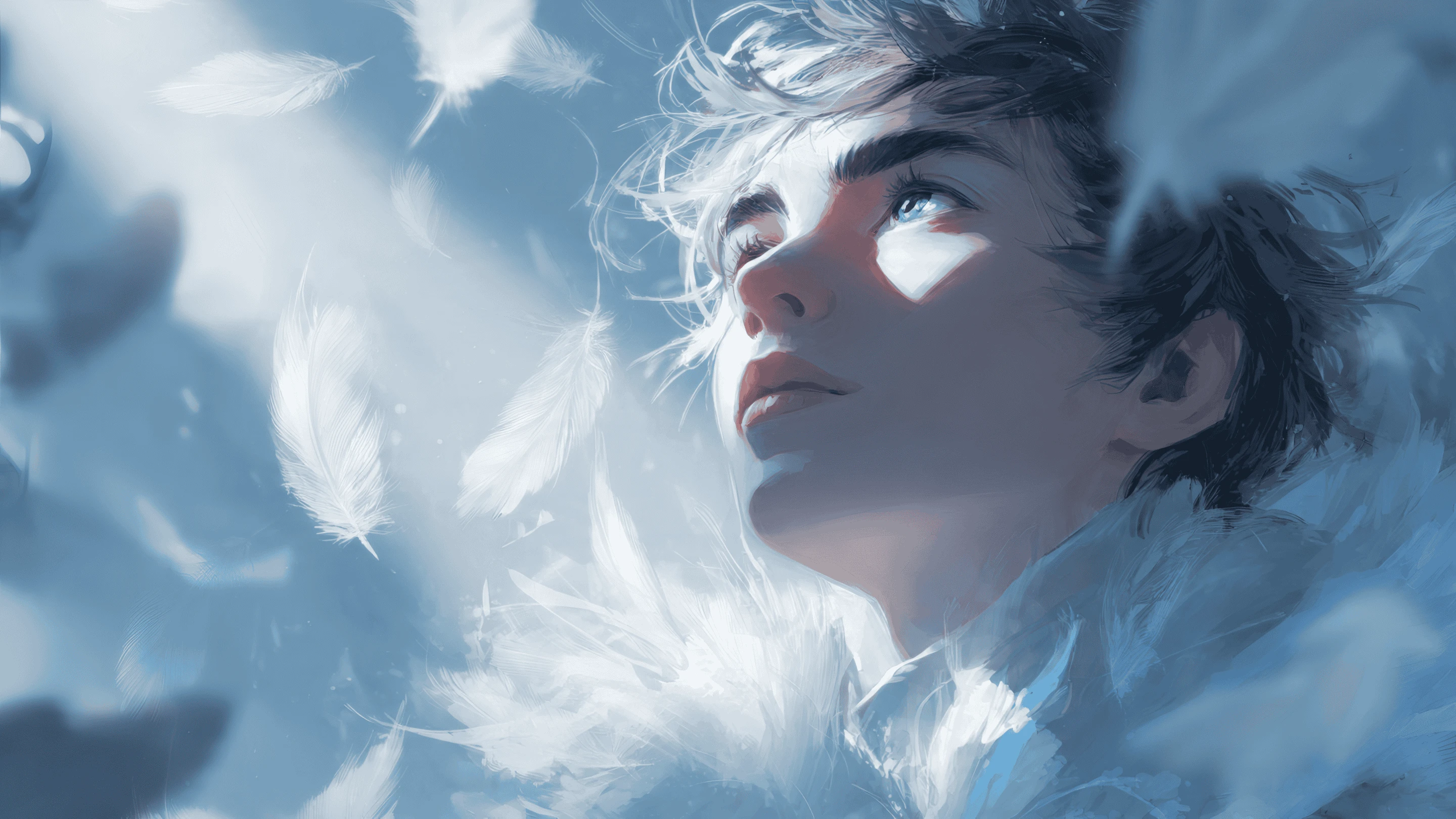 Dreamy Portrait with Feathers and Soft Blue Lighting