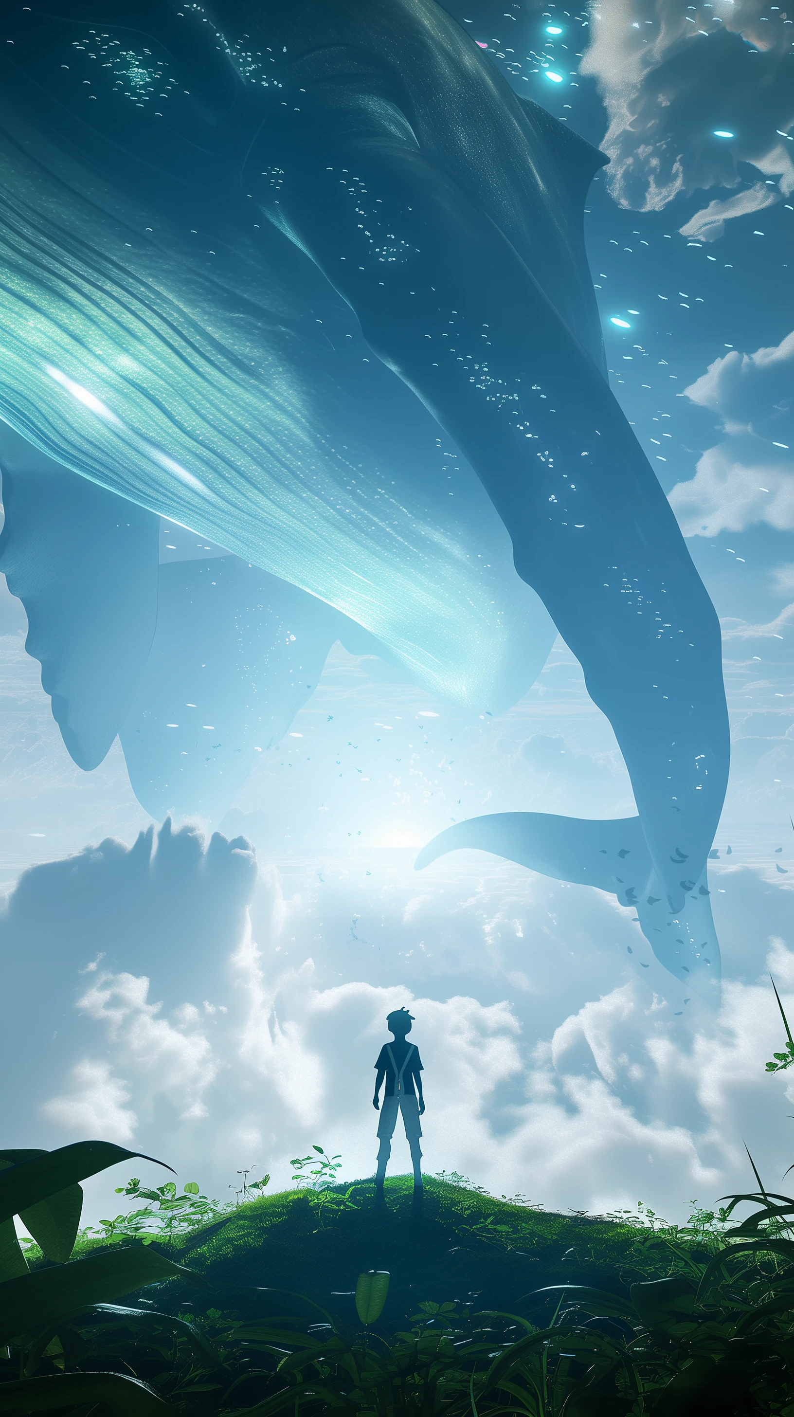Dreamy Scene with Boy and Floating Whale Creature