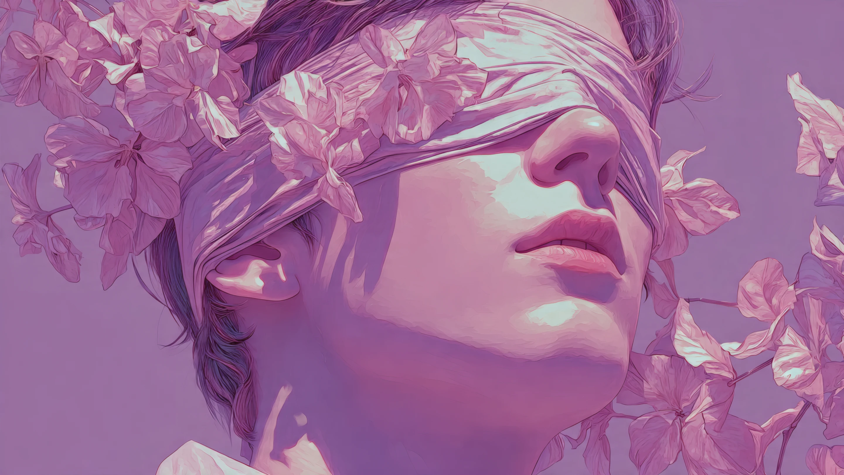 Dreamy Woman with Flowers and Blindfold in Pink Tones