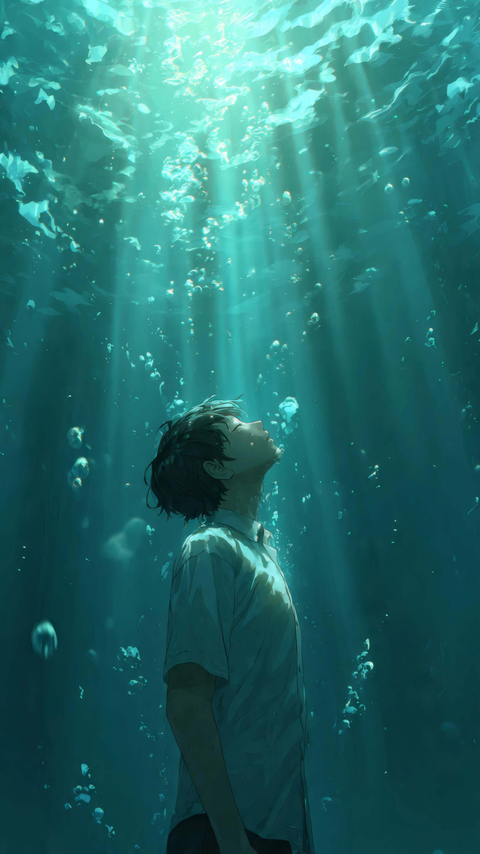 Drowning in Light Boy Ascending in Teal Water with Sun Rays