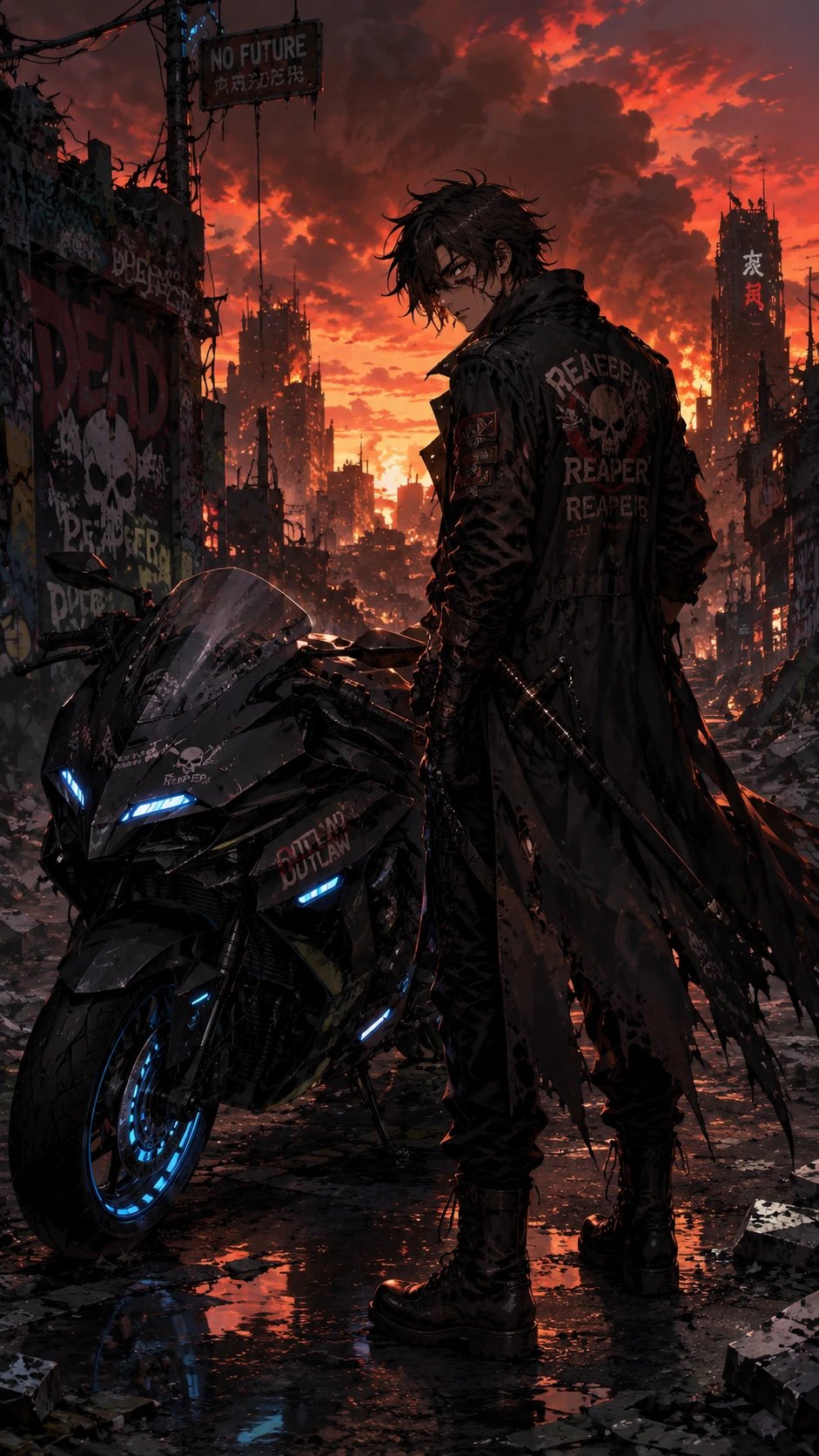 Dystopian Rider Anime Biker in Scorched Cityscape wallpaper 941x1672