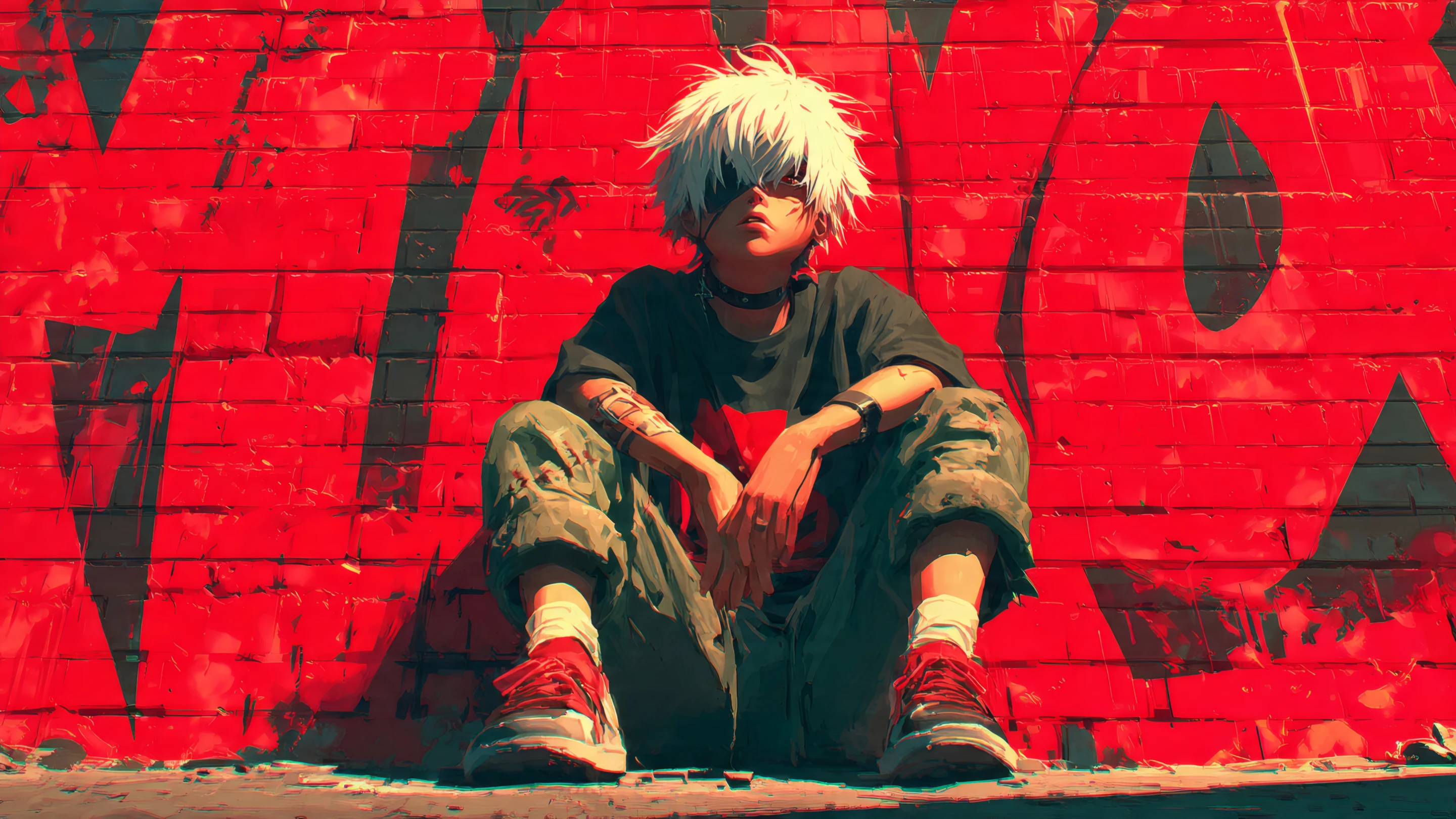 Edgy Anime Boy with White Hair on Red Graffiti Wall