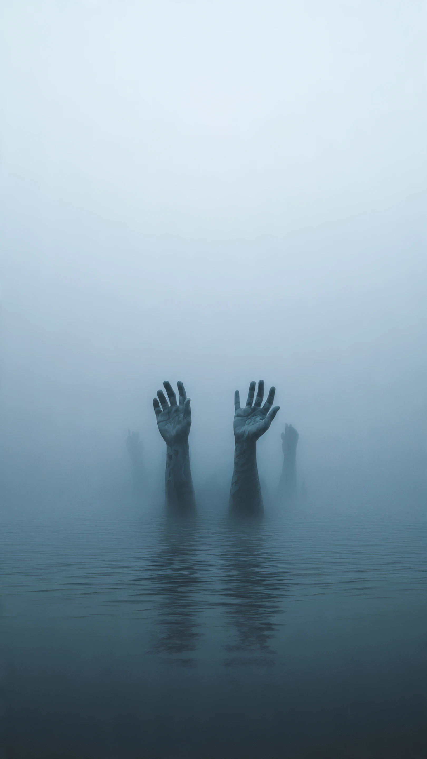 Eerie Arms Emerging from Misty Water Surface