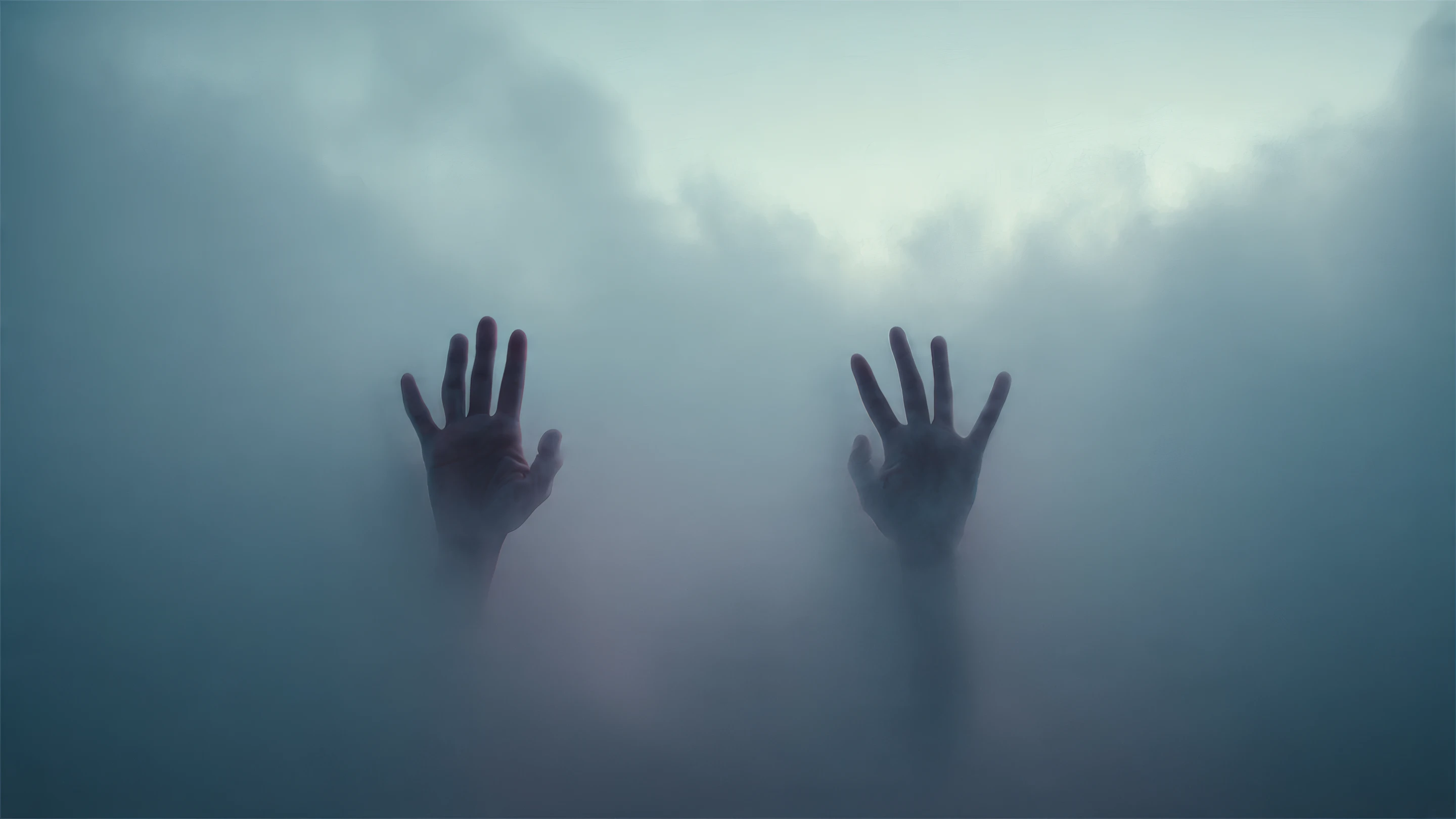 Eerie Hands Emerging from Dense Fog Misty Scene
