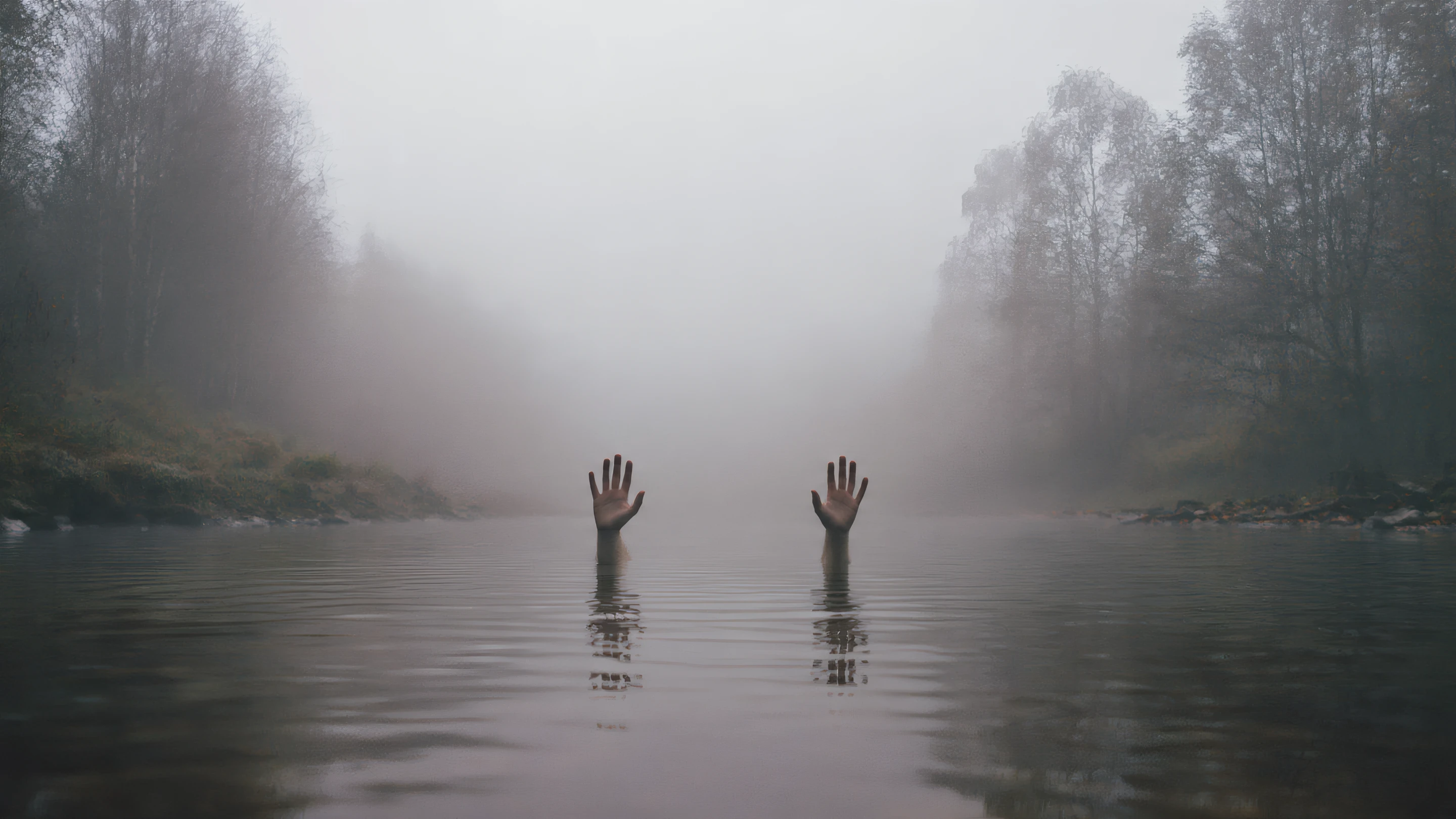 Eerie Hands Rise from Foggy Lake in Nature Scene