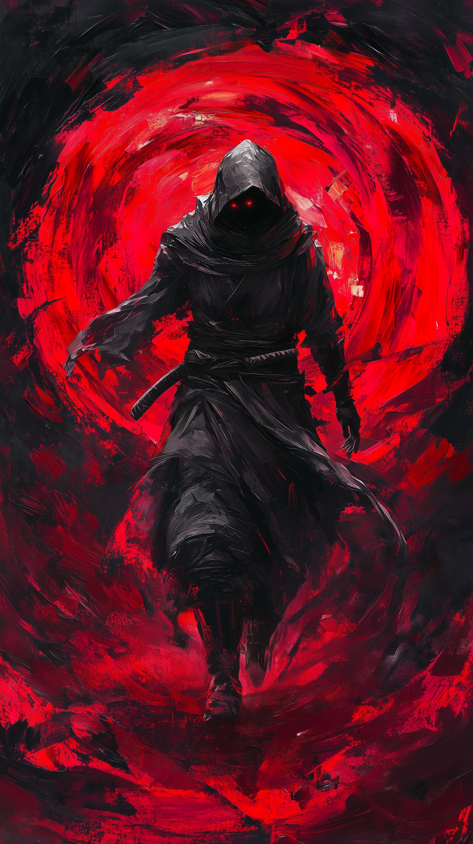 Eerie Hooded Figure with Red Eyes in Swirling Red Mist