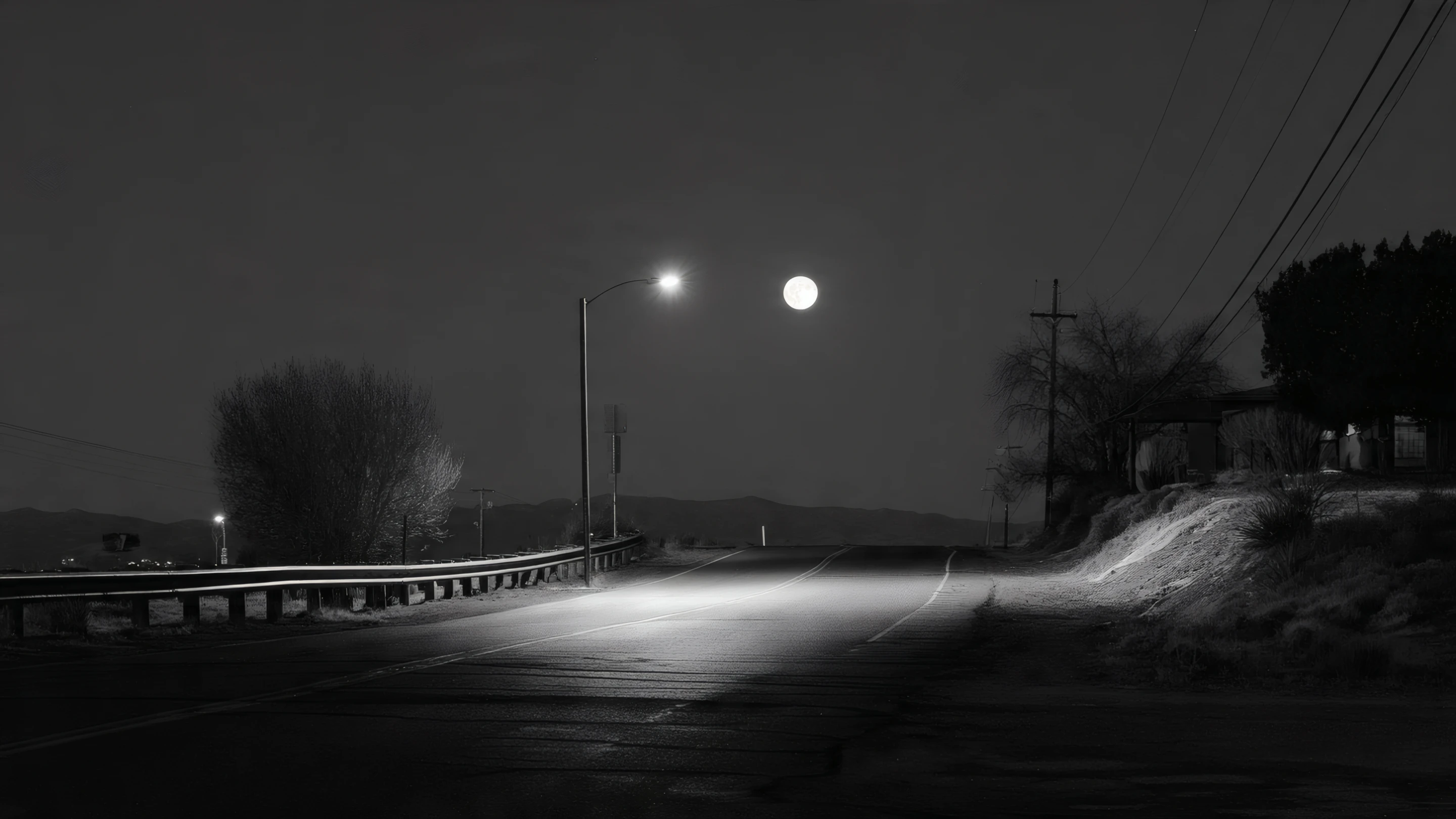 Eerie Monochrome Road with Full Moon and Streetlights