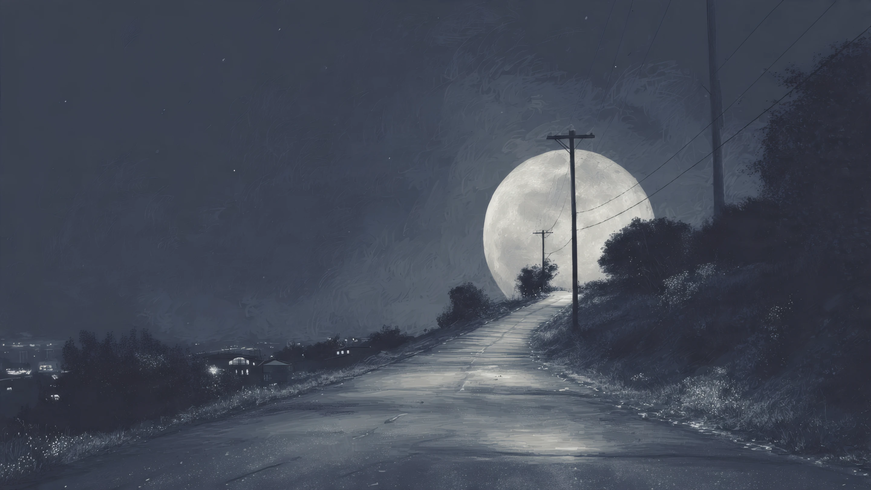 Eerie Moonlit Road Leading to a Distant City