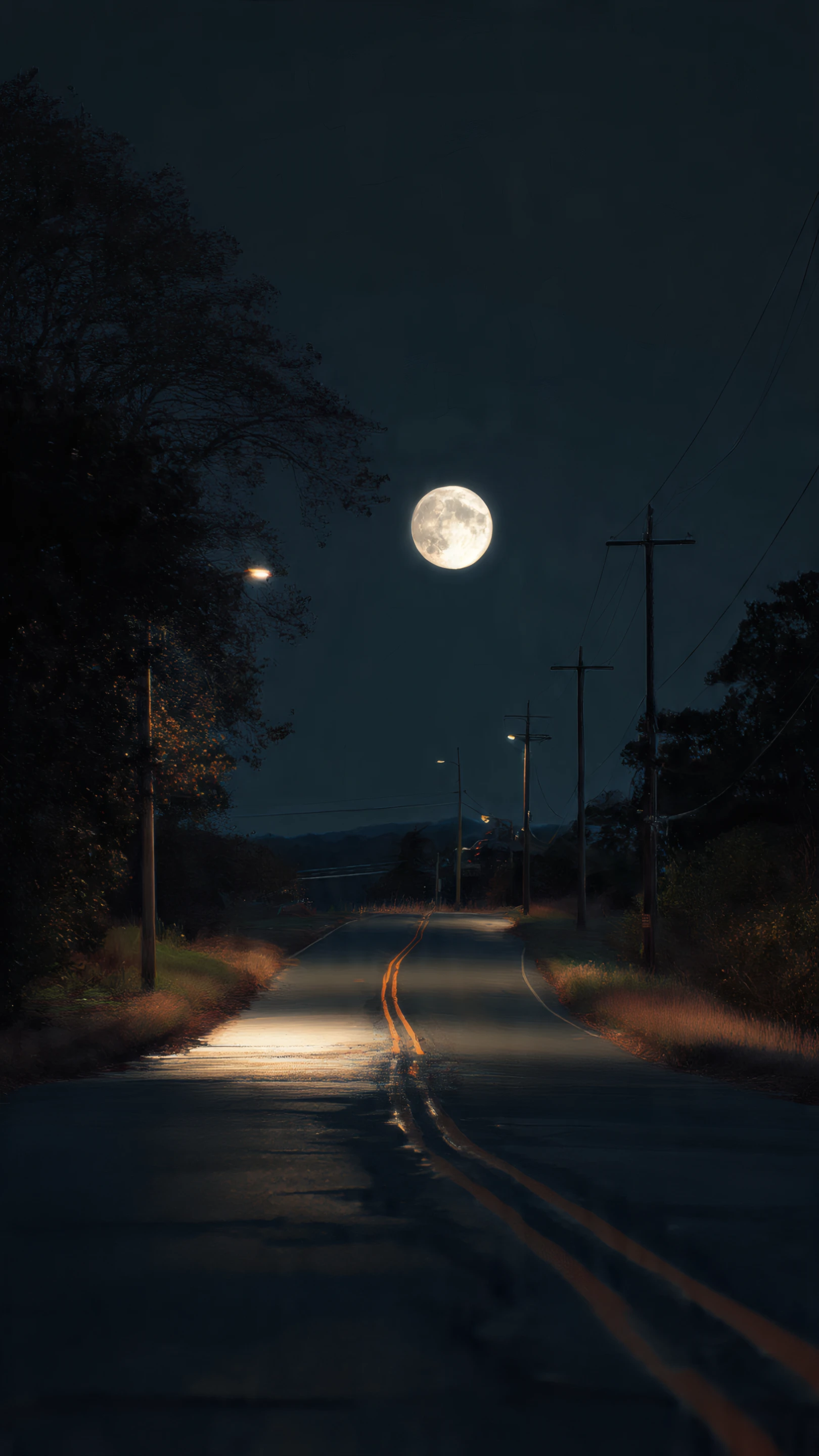 Eerie Moonlit Road with Streetlights and Powerlines