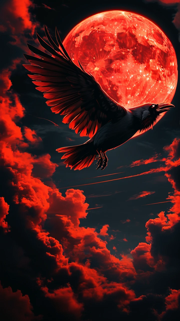 Eerie Raven Soaring Under Crimson Lunar Glow