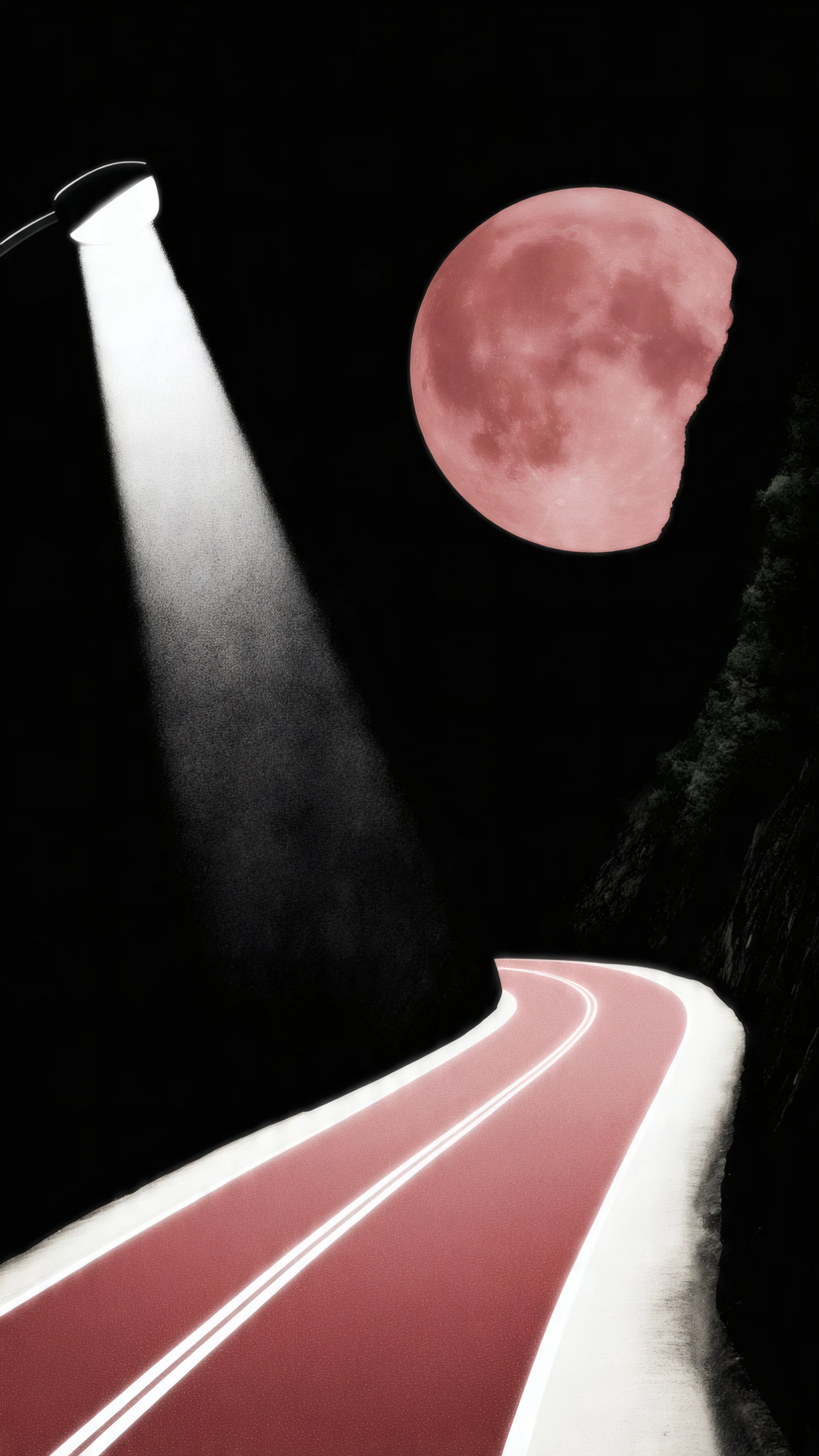 Eerie Red Road at Night with Spotlight and Moon