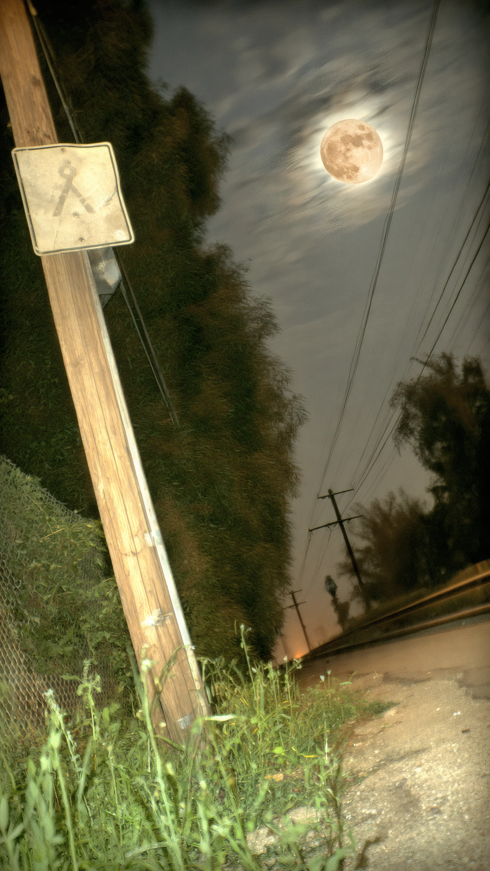 Eerie Roadside Scene with Full Moon and Utility Pole
