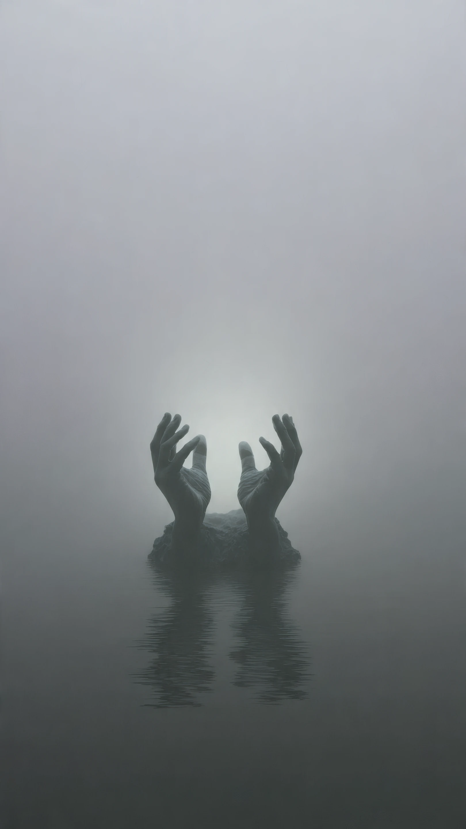 Eerie Stone Hands Rising from Misty Water Surface