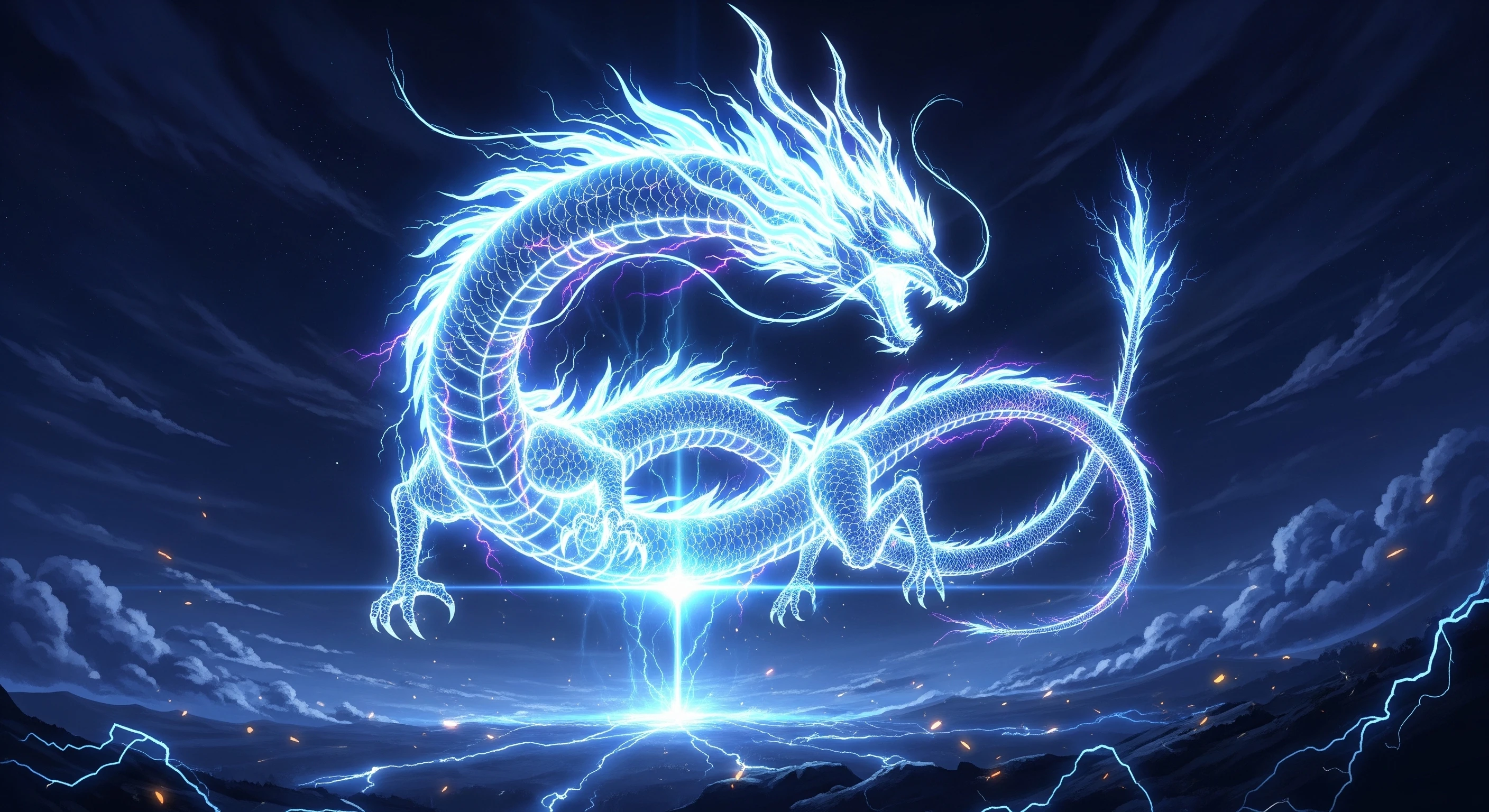 Electric Blue Dragon Descending in Stormy Sky