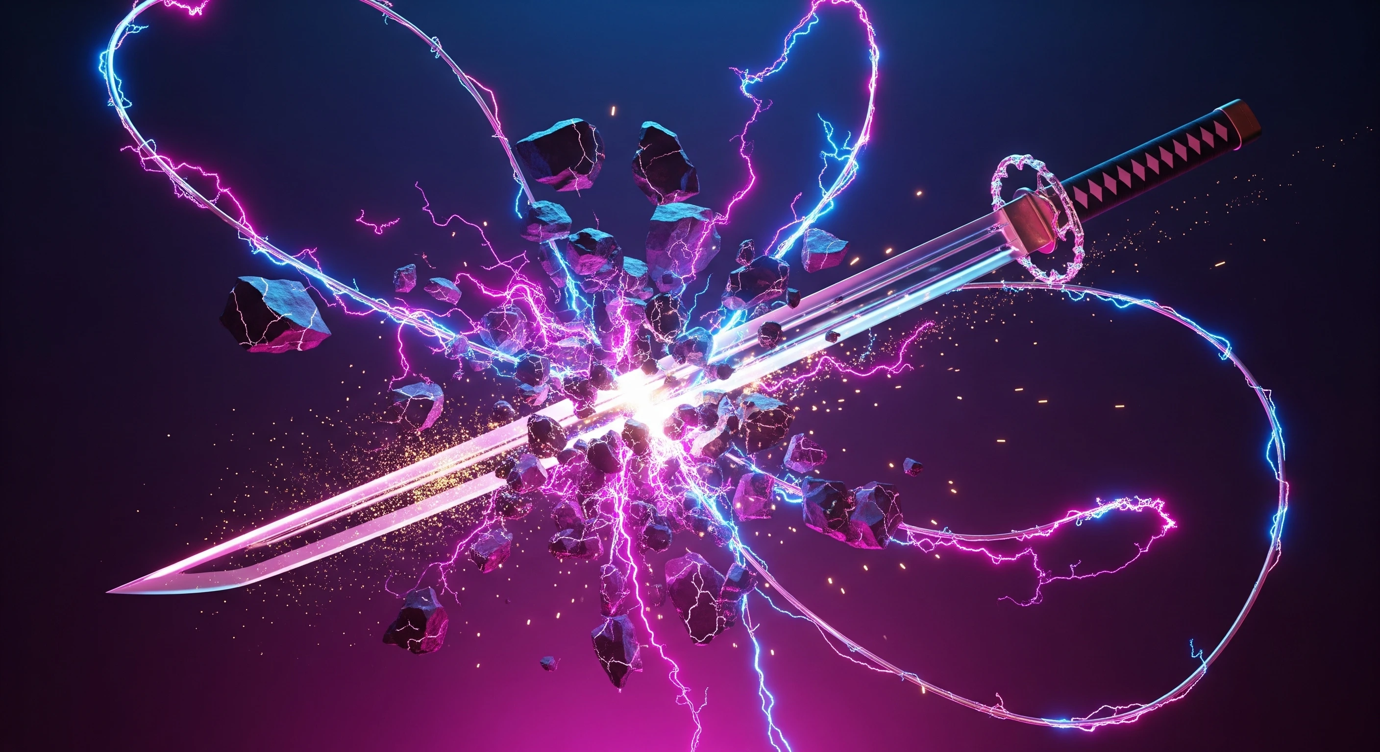 Electric Katana Slicing Through Space Rocks