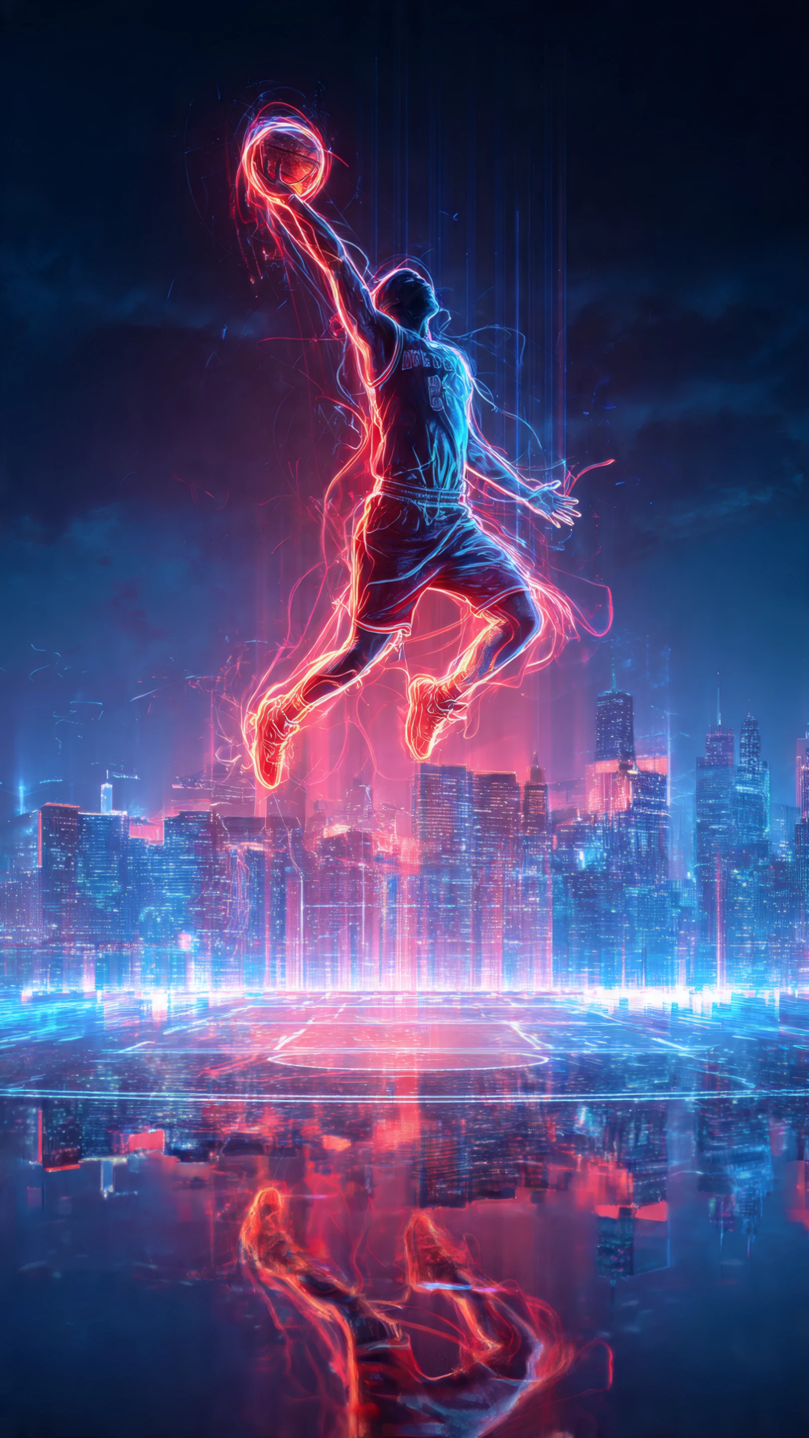 Electric Slam Dunk over Cyberpunk Cityscape