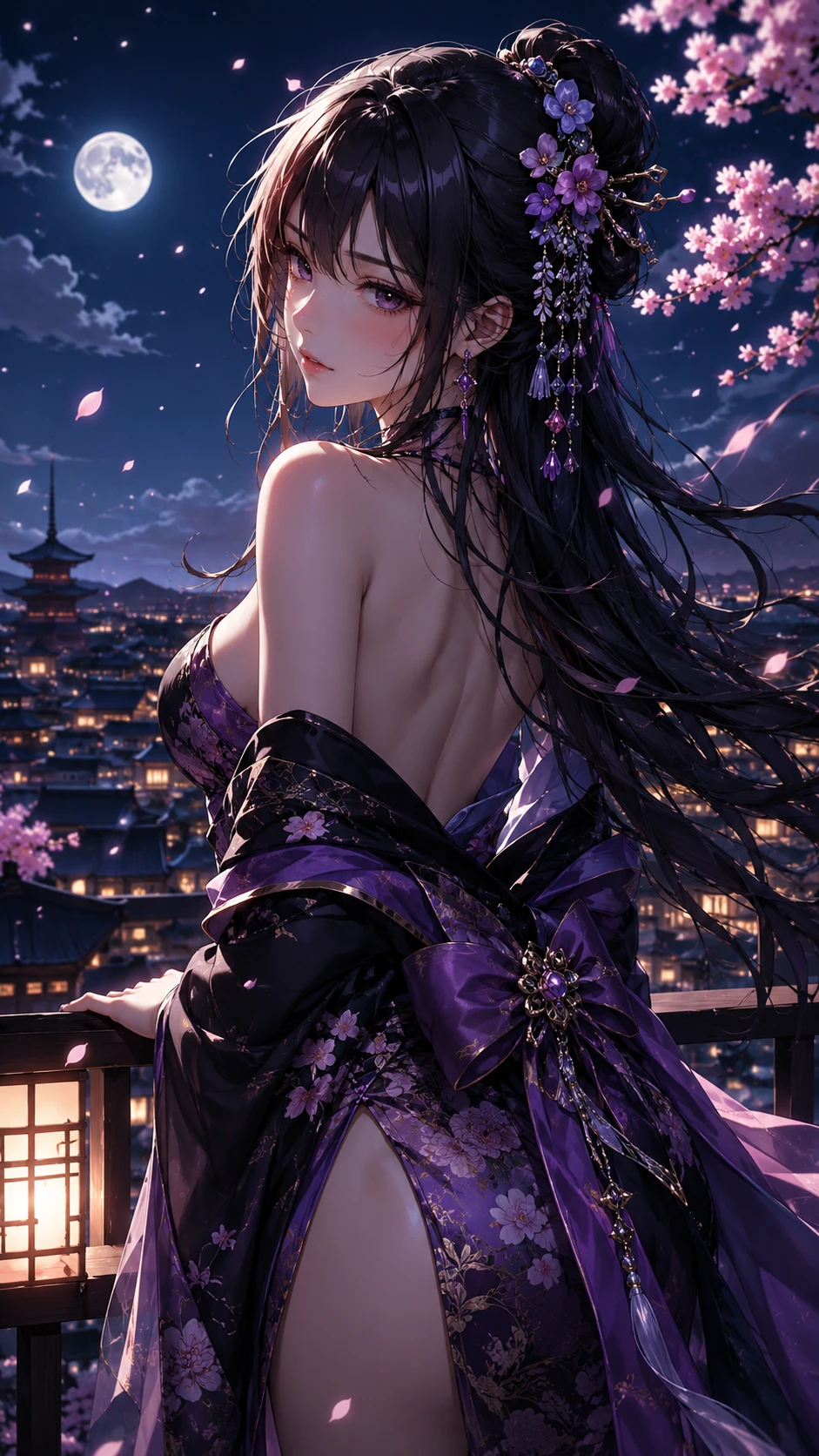 Elegant Anime Girl Gazing at Moonlit Cityscape wallpaper 941x1672