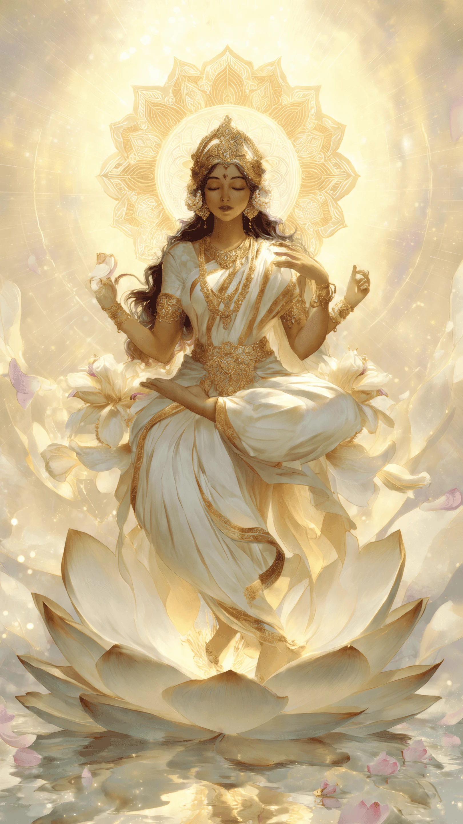 Elegant Goddess Saraswati in Lotus Pose with Golden Accents