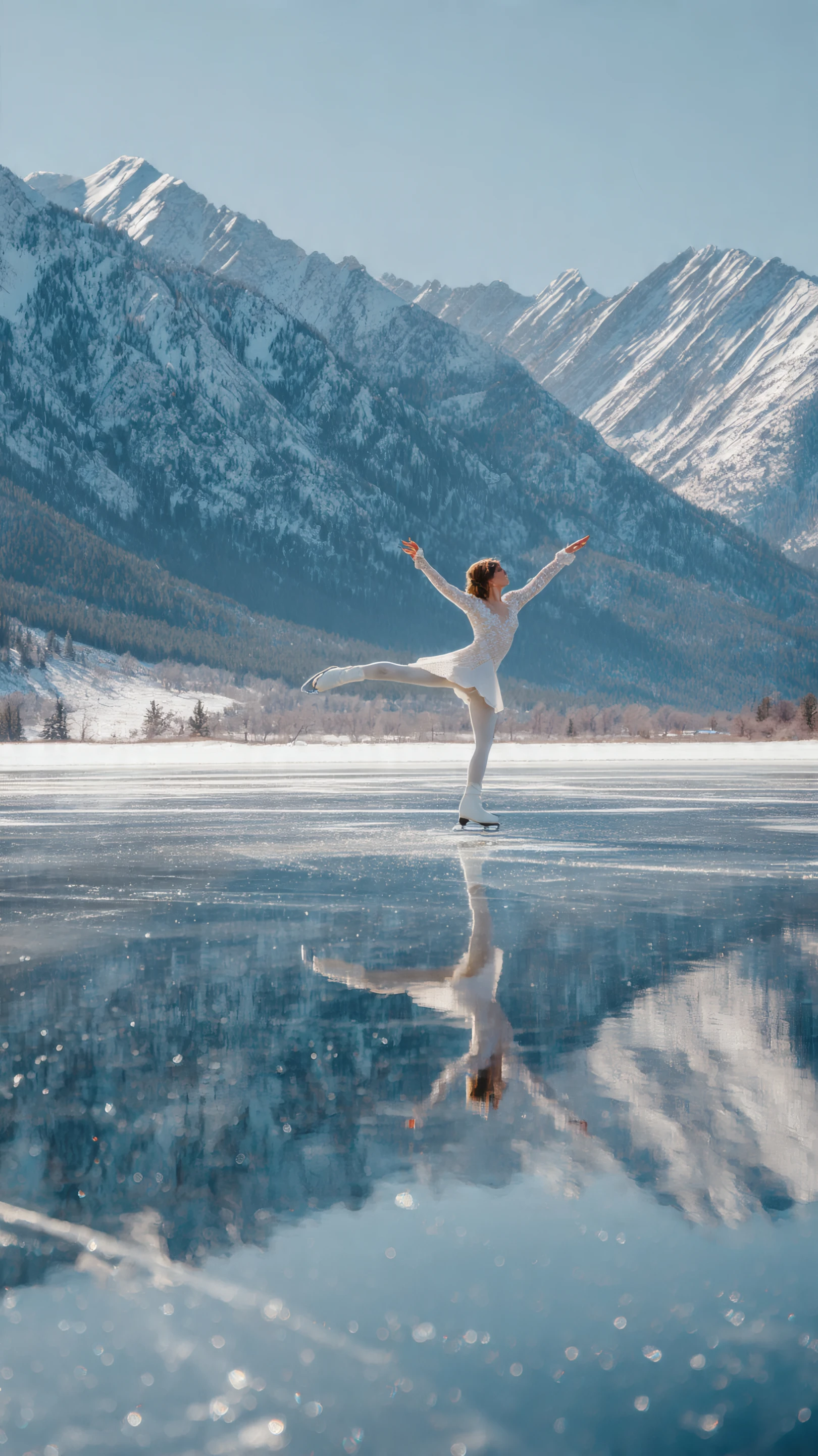 Elegant Ice Skater Silhouette on Reflective Frozen Lake