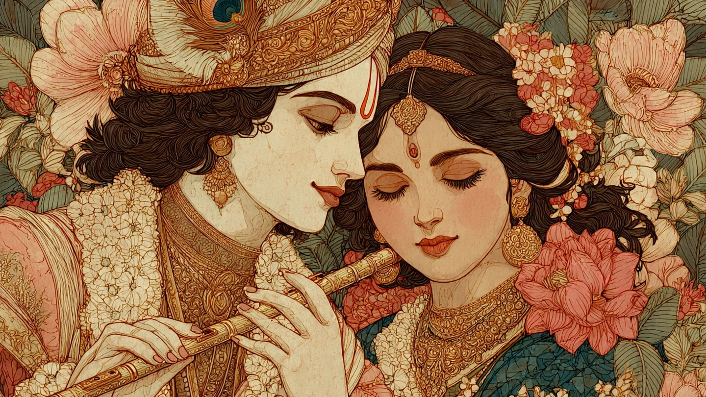 Elegant Krishna and Radha Portrait with Floral Accents