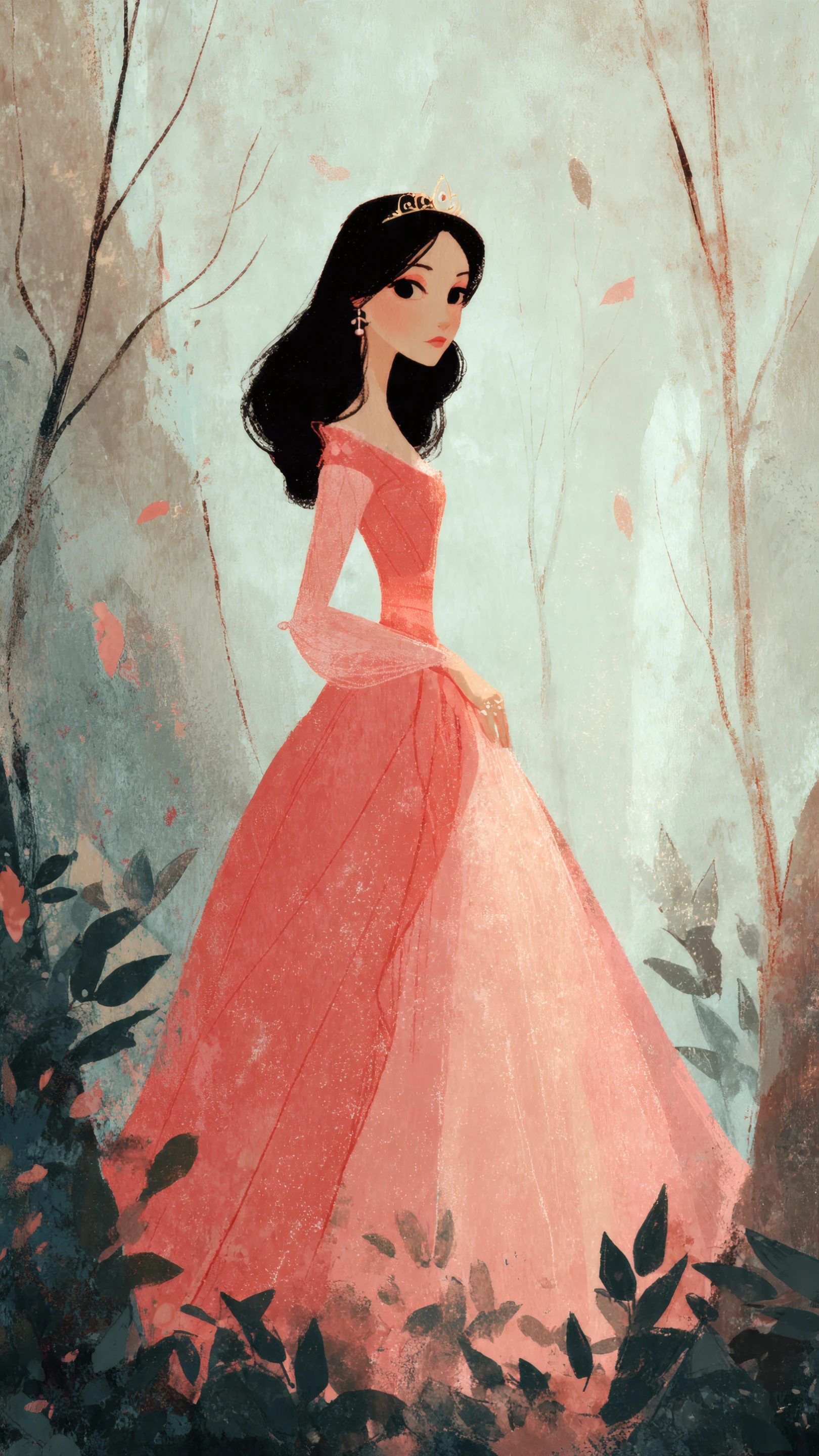 Elegant Princess in Coral Gown Amidst Forest Illustration