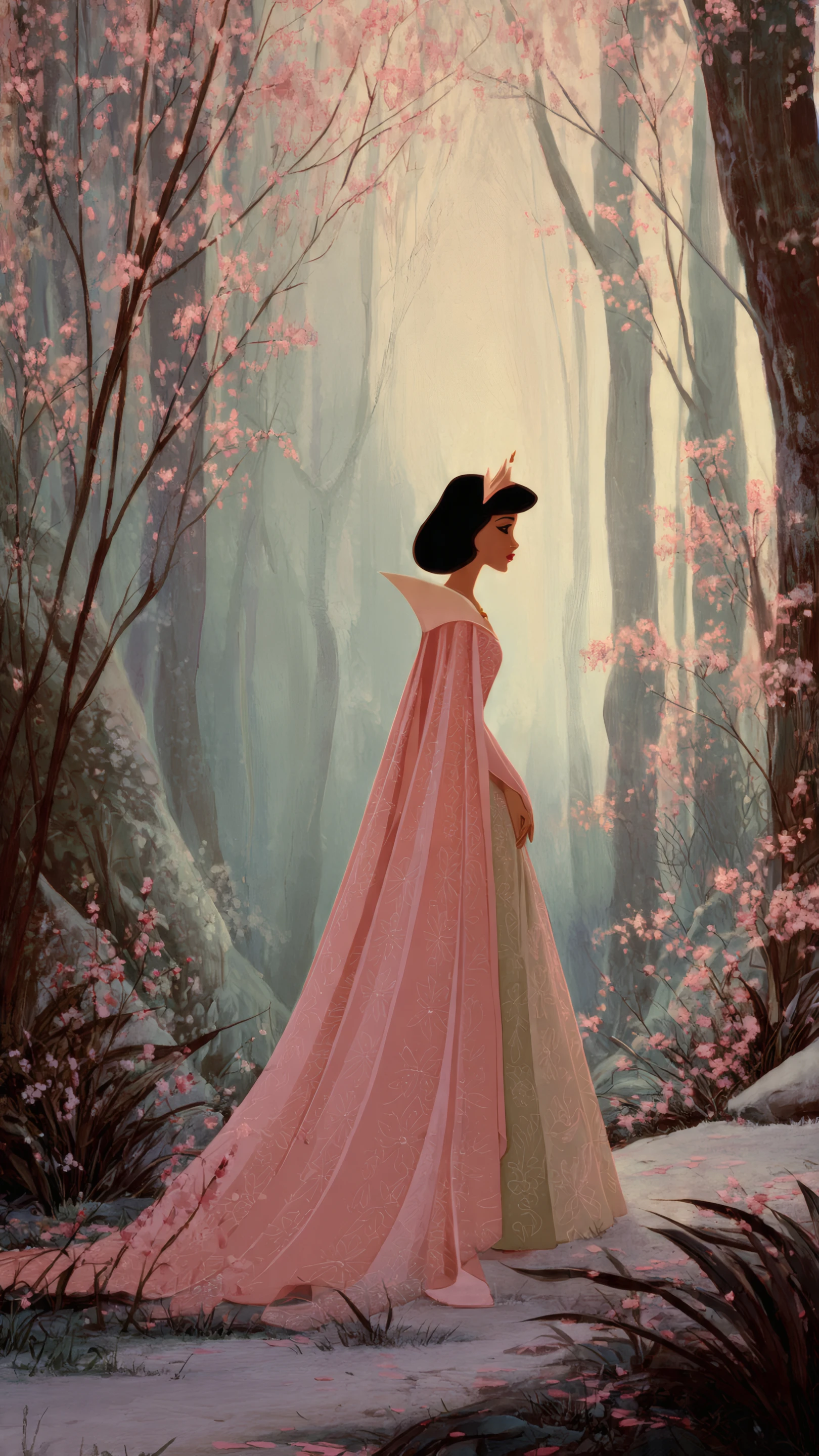 Elegant Princess in Pink Gown Among Cherry Blossoms