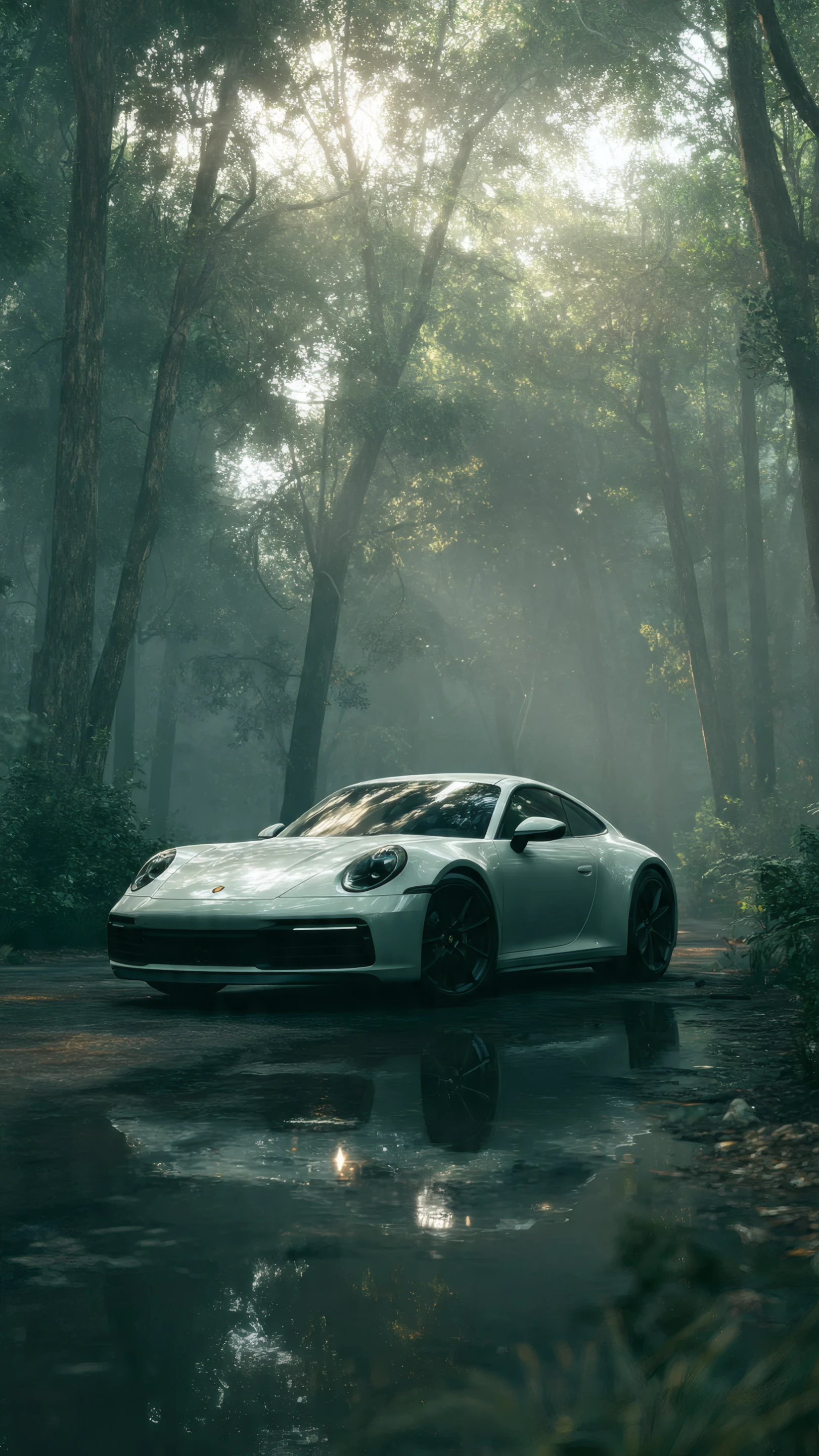 Elegant White Car in Misty Forest Setting