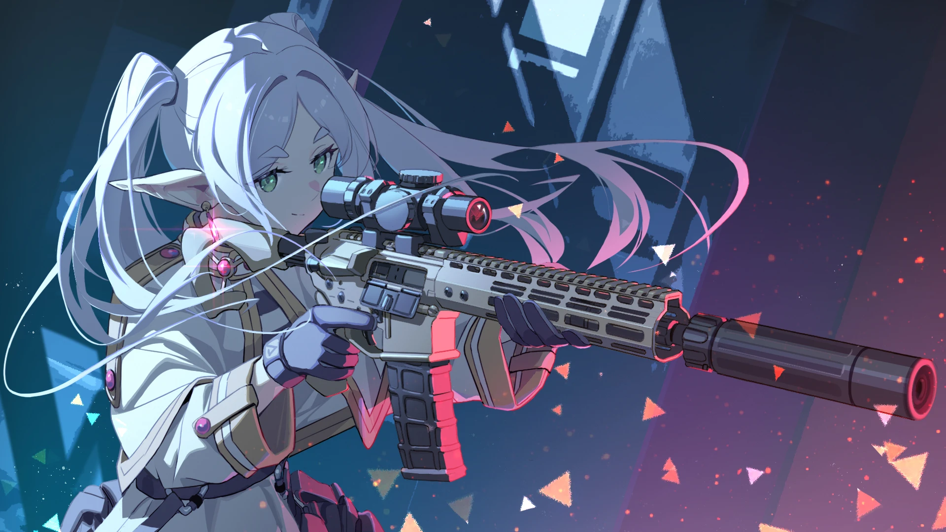 Elf Sniper Girl in Blue and Pink Haze