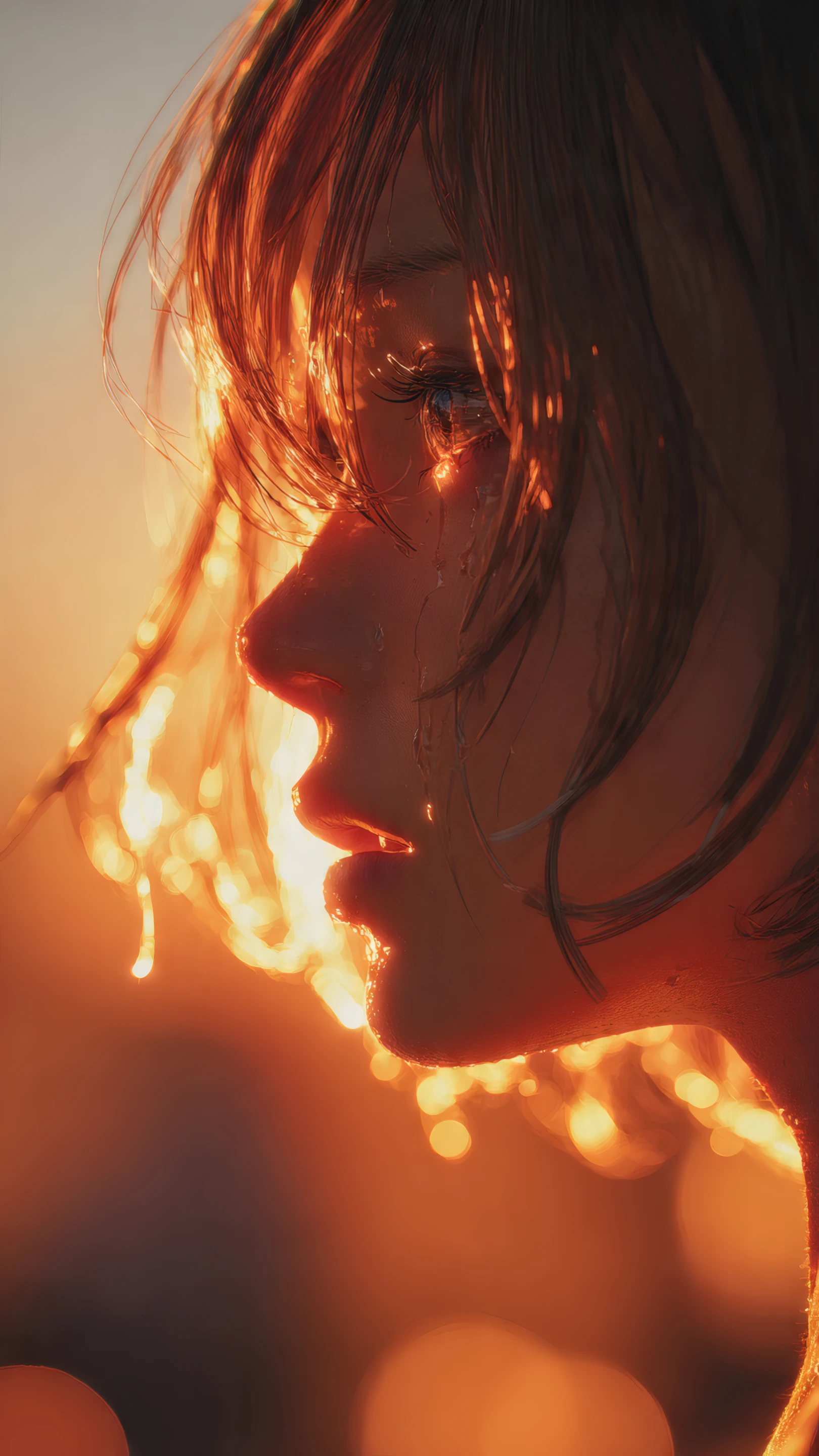 Emotional Portrait of a Woman with Tears in Golden Light