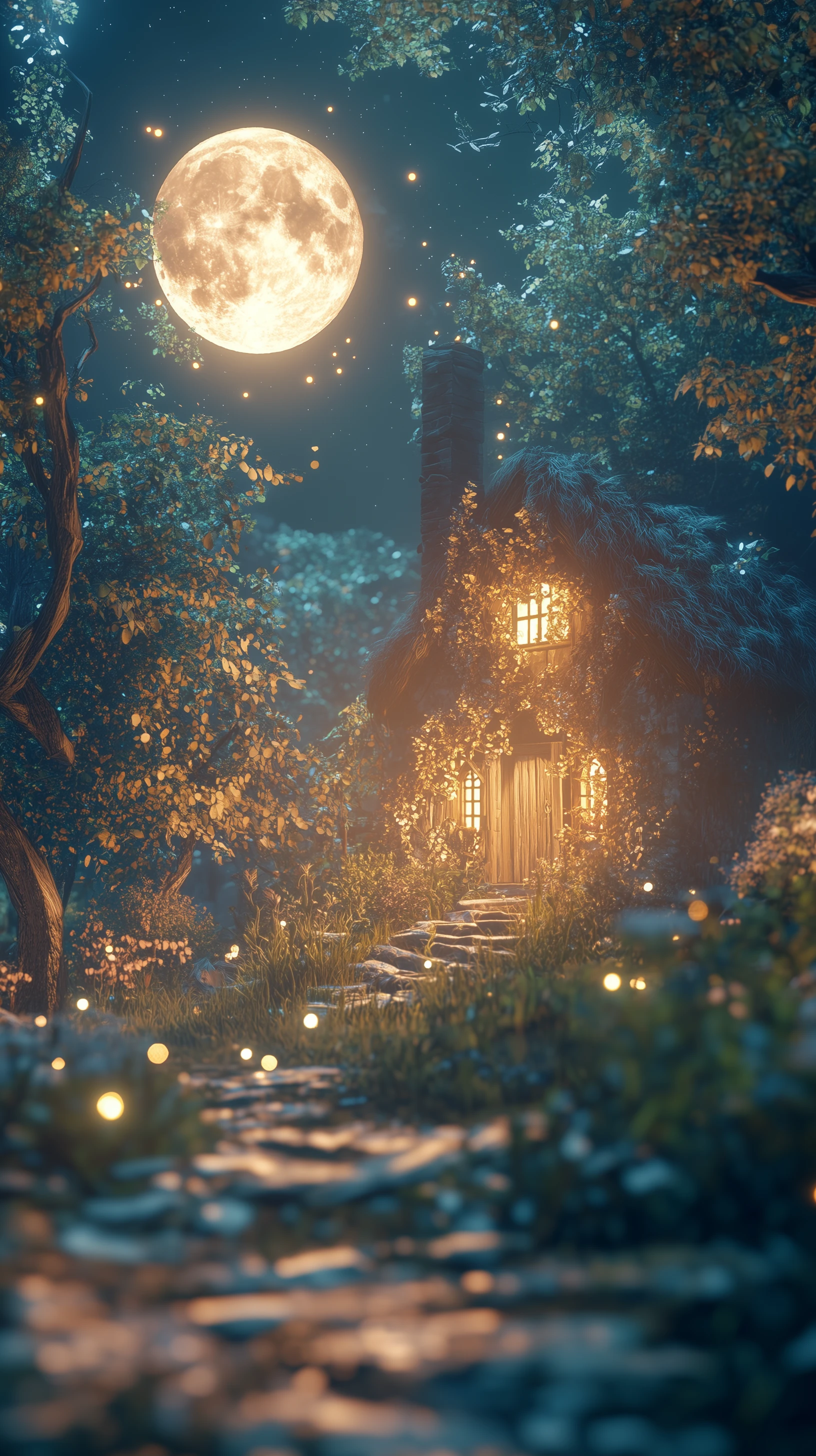 Enchanted Cottage with Glowing Windows Under Moonlight