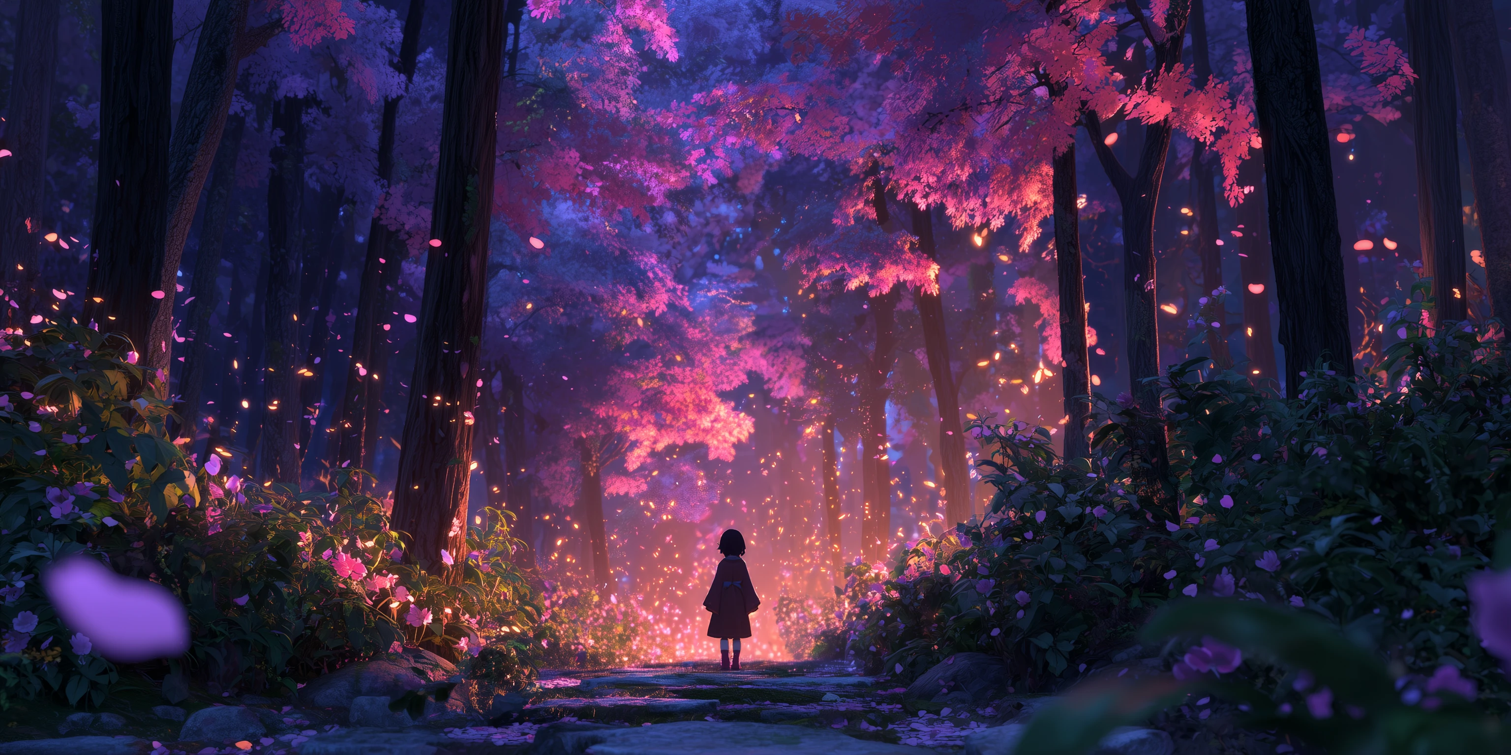 Enchanting Forest Scene with Girl and Pink Blossoms