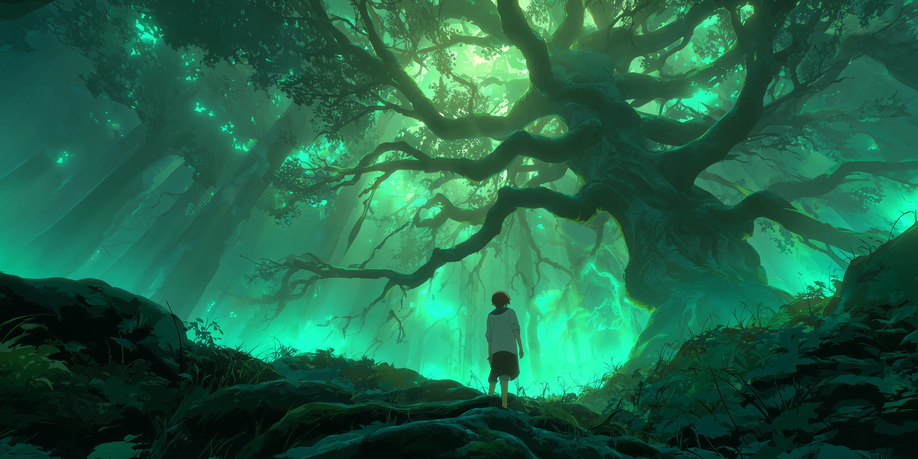 Enchanting Forest Scene with Glowing Green Light