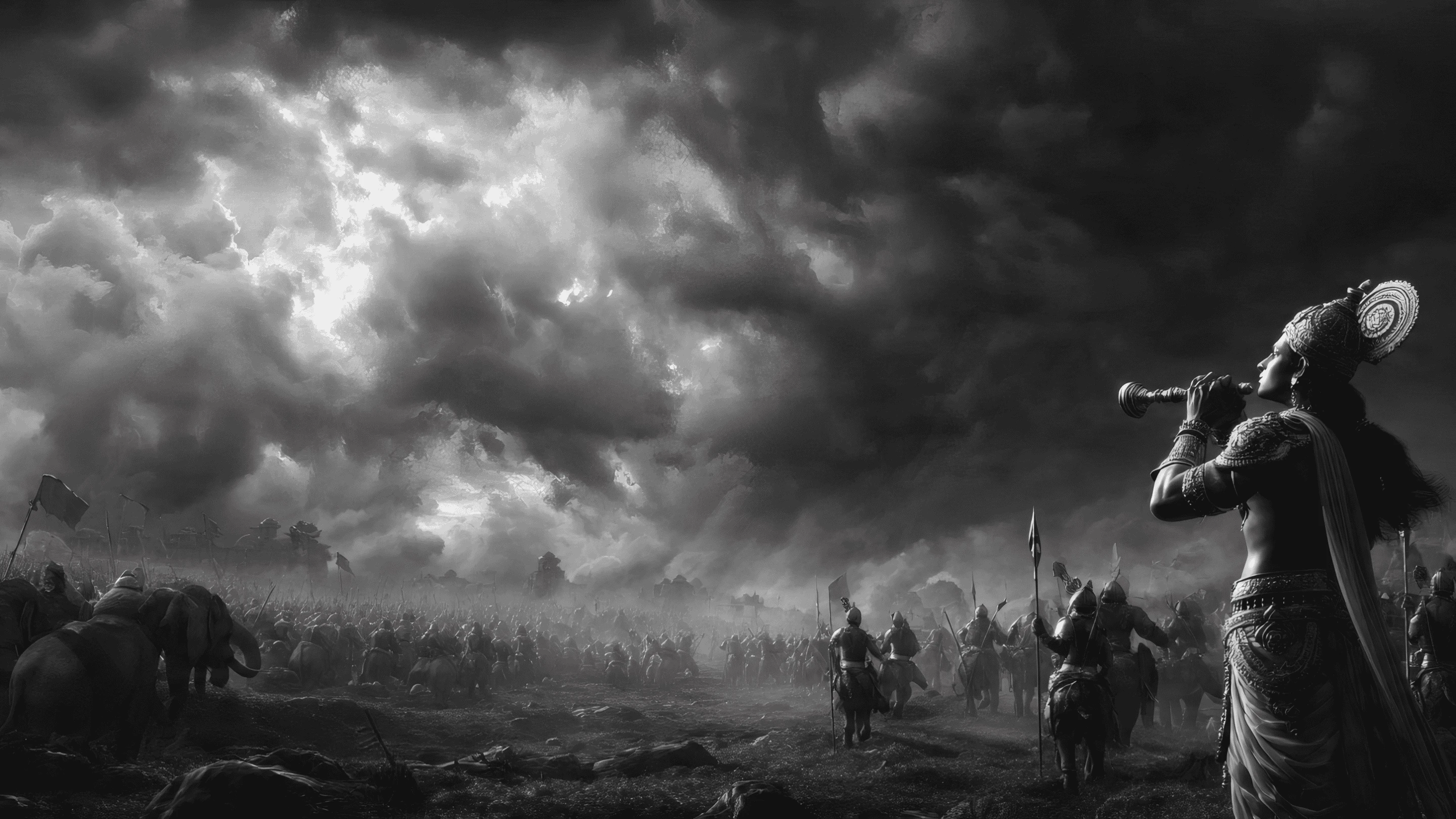 Epic Battle Scene with Ancient Army and Trumpeter