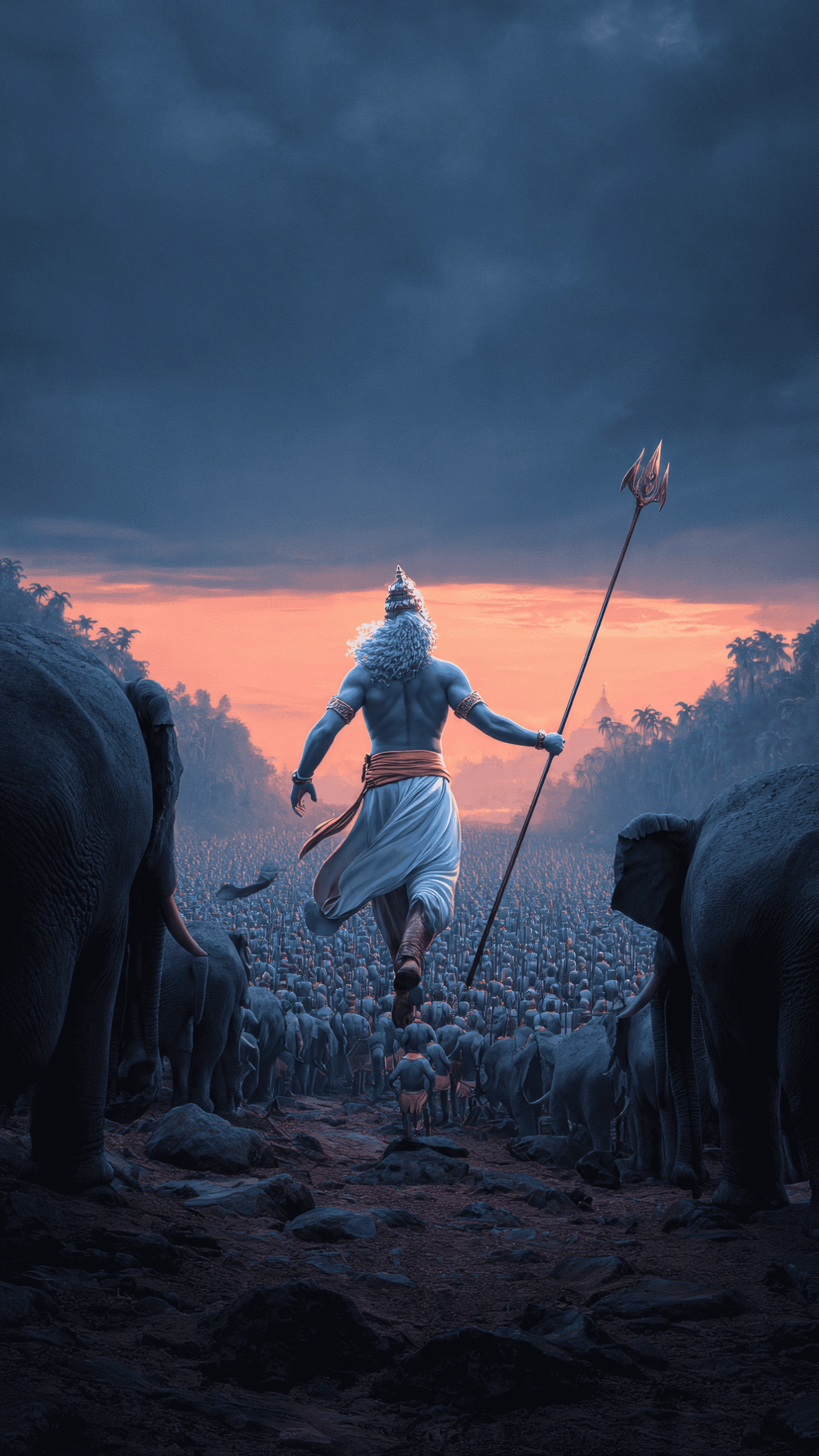 Epic Hindu God Leading Army of Elephants and Warriors