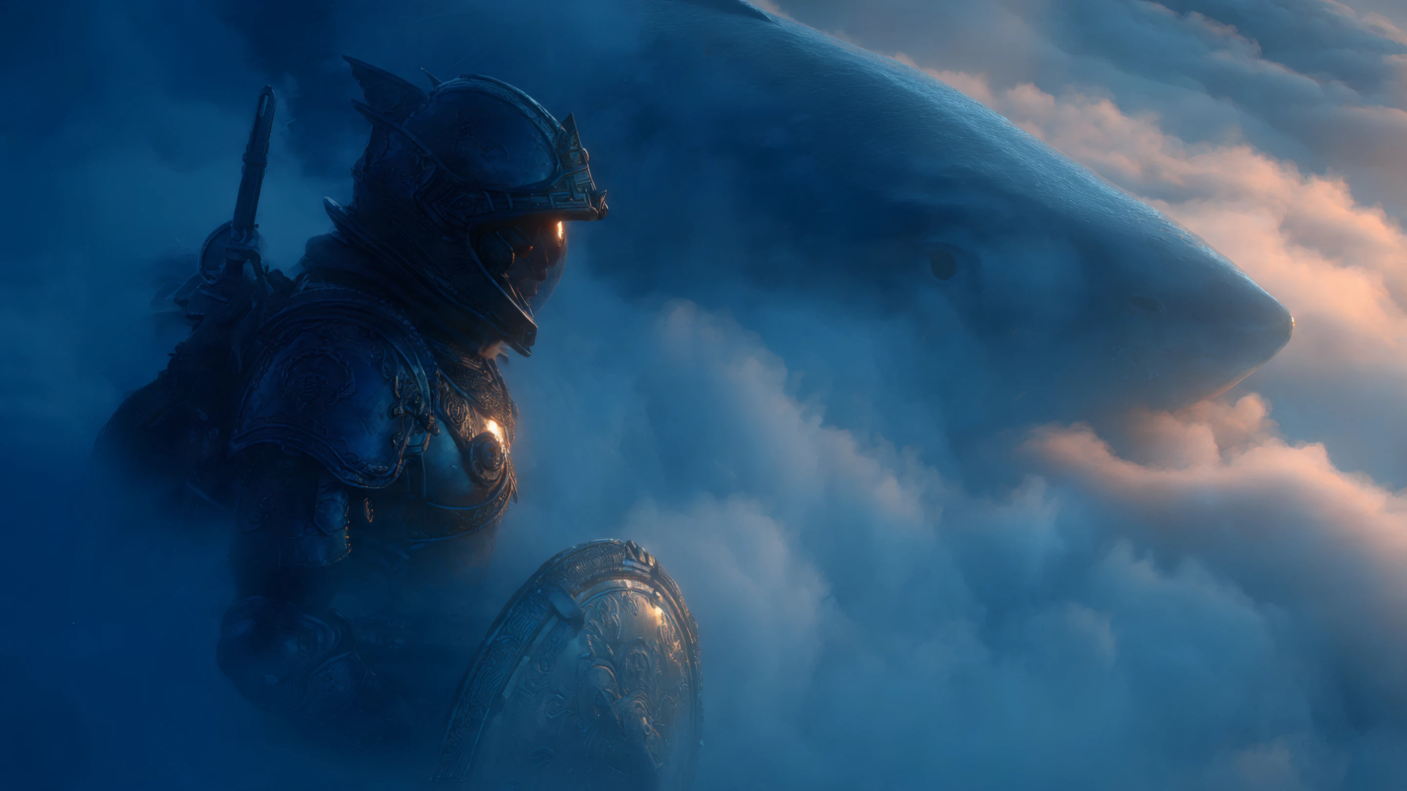 Epic Knight and Shark in Cloudy Sky Fantasy Art
