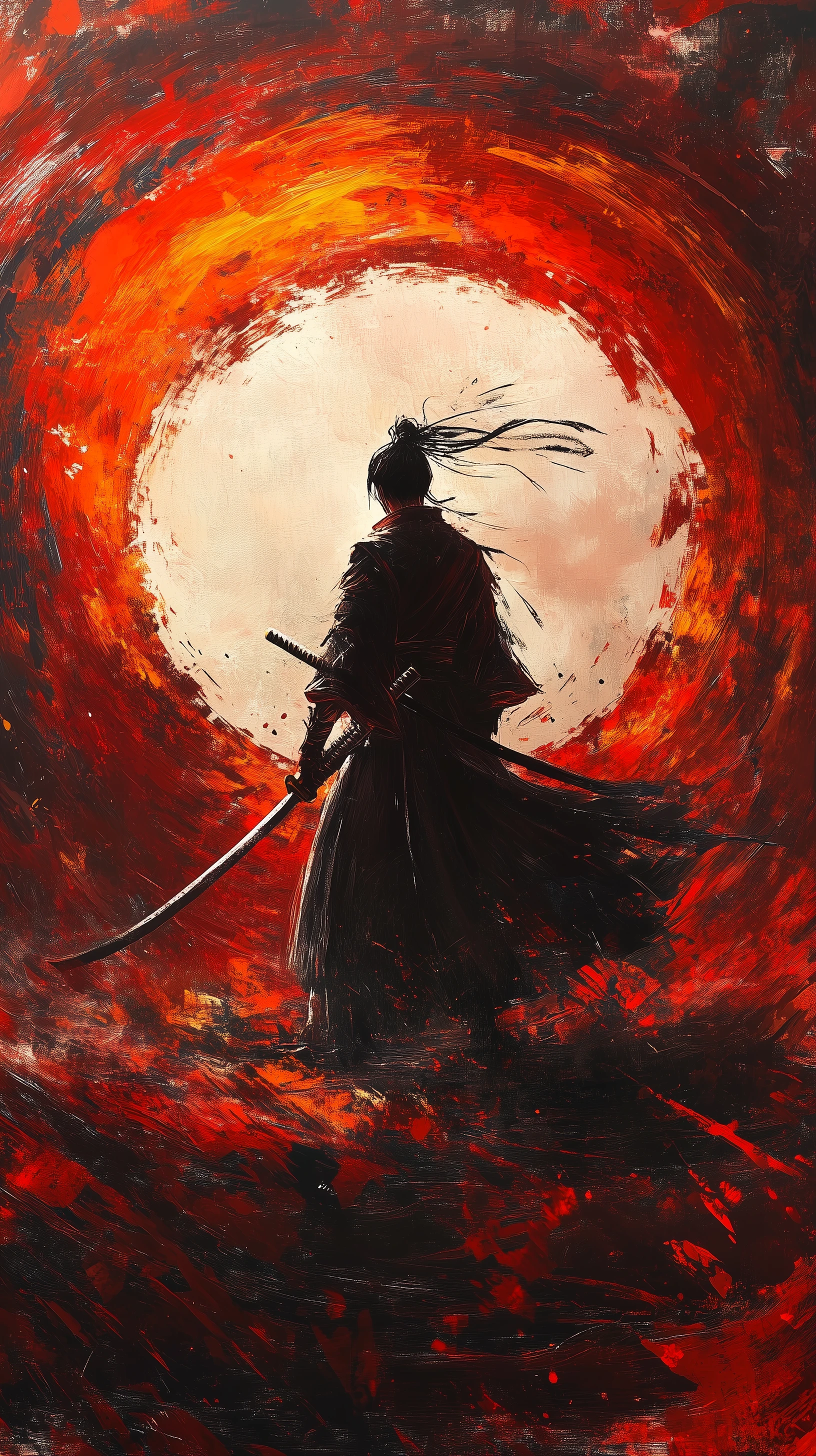 Epic Samurai Warrior Silhouette Against Fiery Red Sun