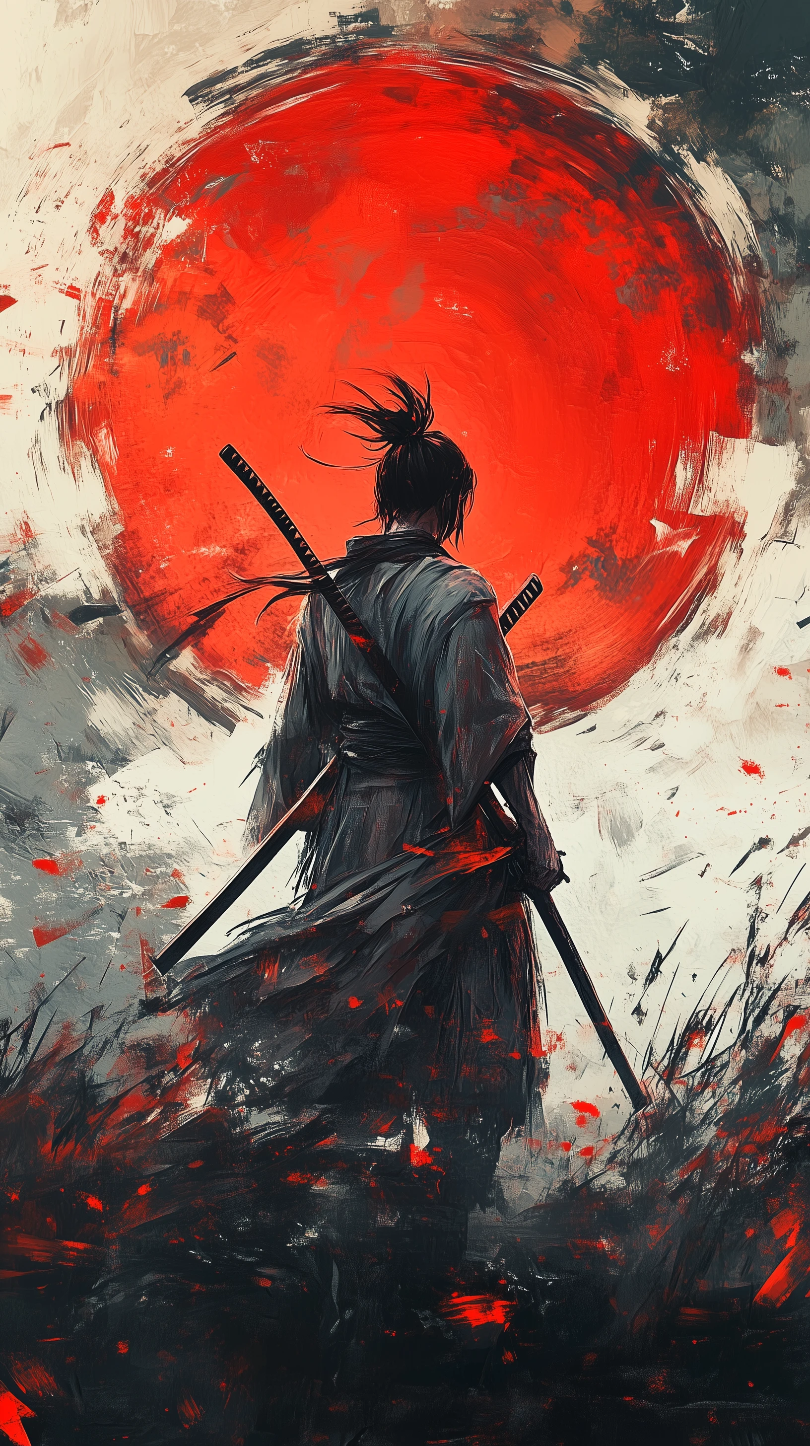 Epic Samurai Warrior with Red Sun Digital Painting